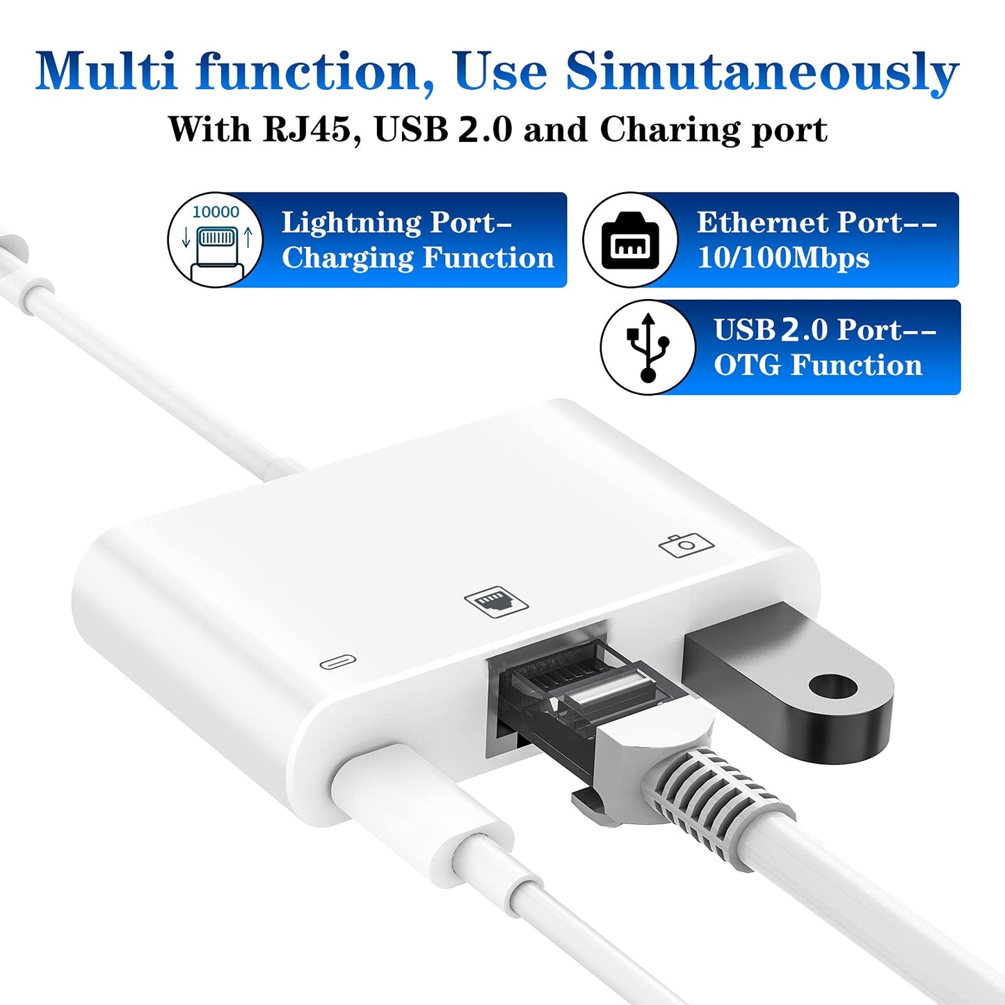 Lightning to RJ45 Ethernet Adapter, 3-in-1 RJ45 LAN Ethernet Adapter for iPhone / iPad with Charging Port and USB 3.0 OTG Port for U Disk / Keyboard / Mouse / Camera