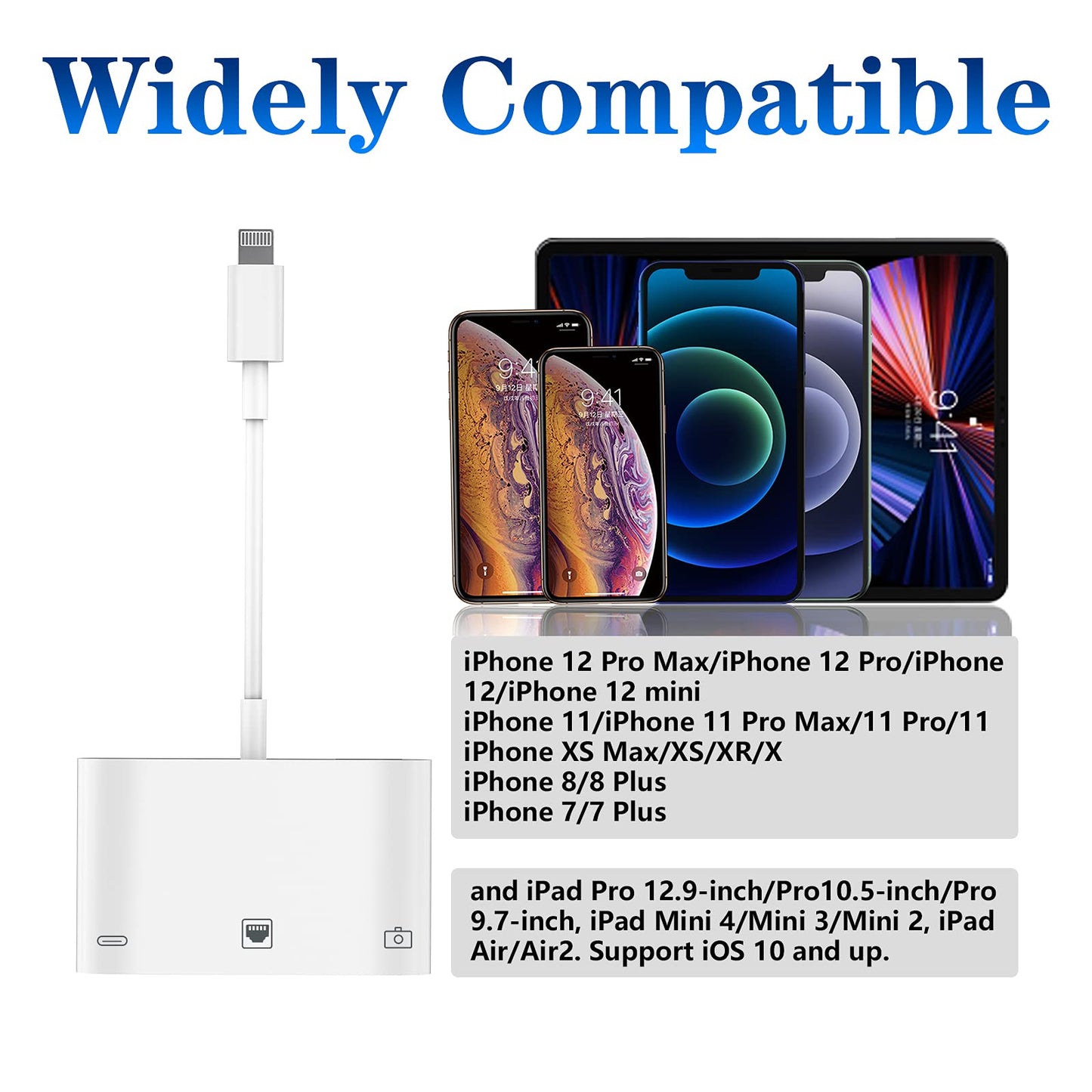 Lightning to RJ45 Ethernet Adapter, 3-in-1 RJ45 LAN Ethernet Adapter for iPhone / iPad with Charging Port and USB 3.0 OTG Port for U Disk / Keyboard / Mouse / Camera
