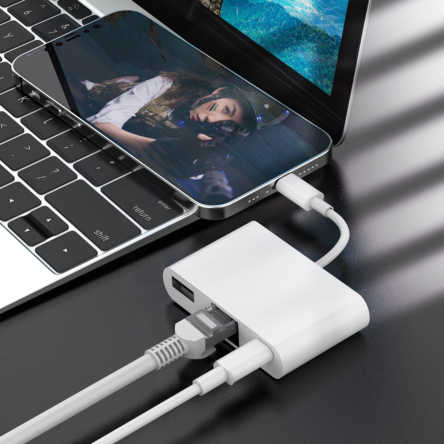 Lightning to RJ45 Ethernet Adapter, 3-in-1 RJ45 LAN Ethernet Adapter for iPhone / iPad with Charging Port and USB 3.0 OTG Port for U Disk / Keyboard / Mouse / Camera