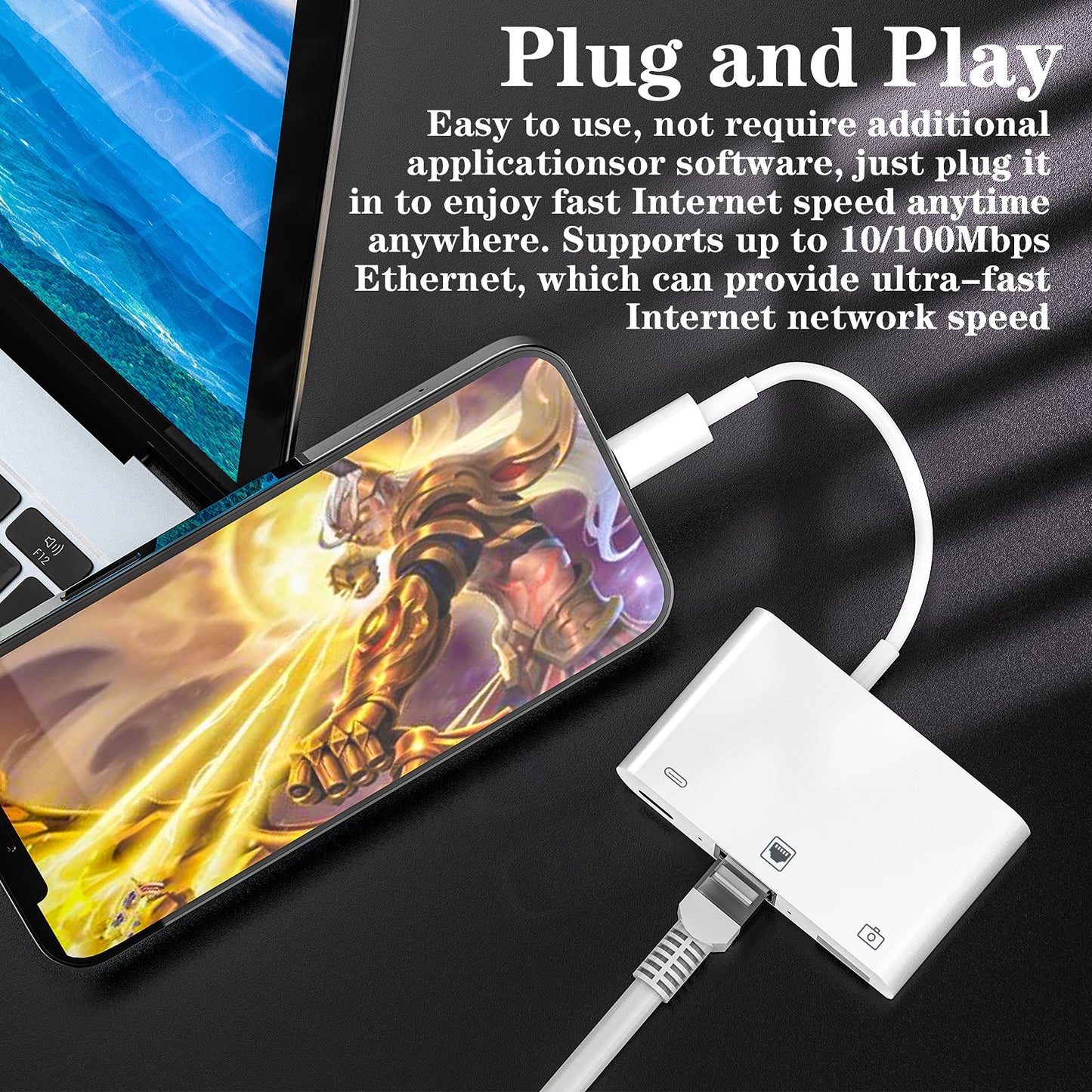 Lightning to RJ45 Ethernet Adapter, 3-in-1 RJ45 LAN Ethernet Adapter for iPhone / iPad with Charging Port and USB 3.0 OTG Port for U Disk / Keyboard / Mouse / Camera