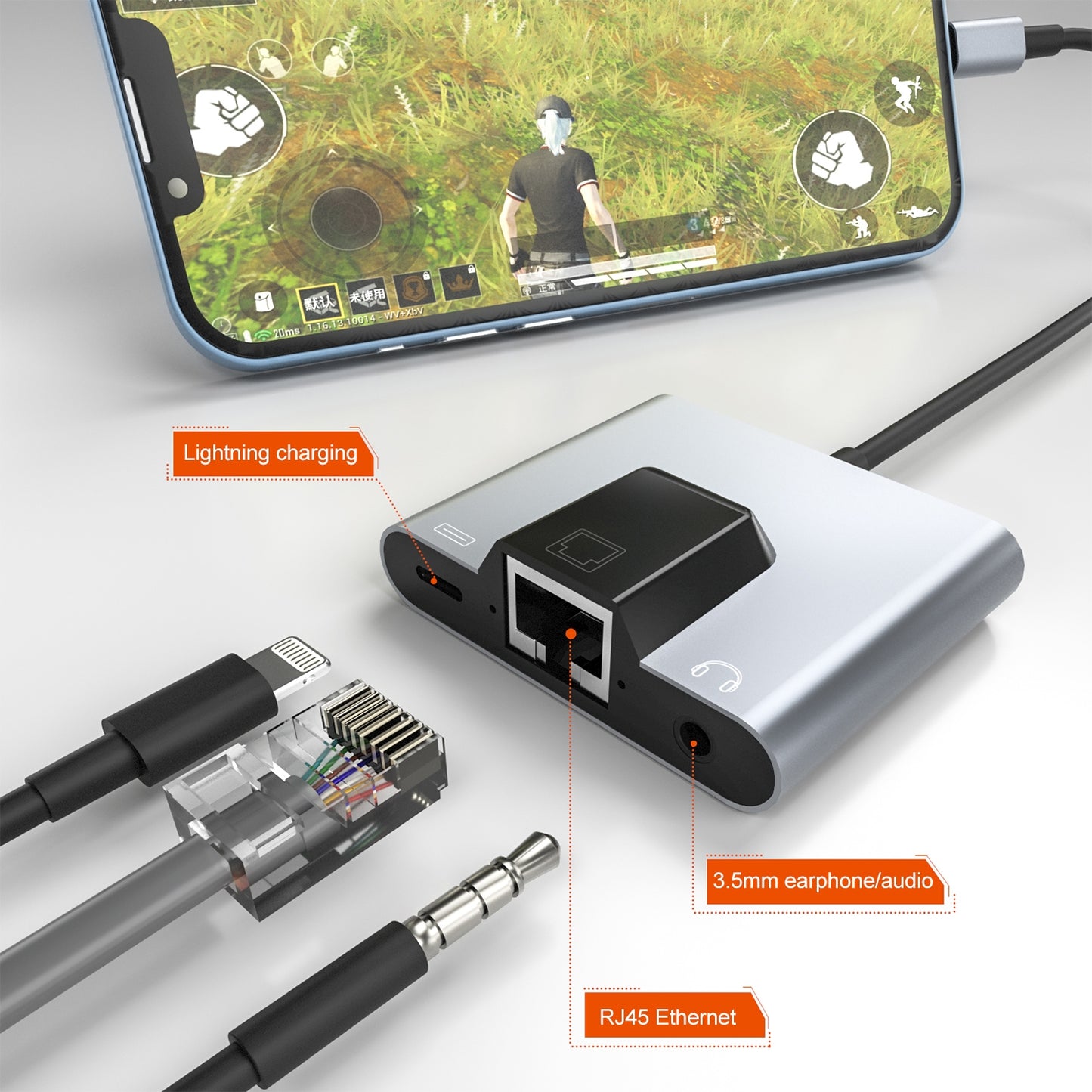 NK-1056 3 in 1 Converter 8 Pin Male to 8 Pin Charging + RJ45 Ethernet + 3.5mm Headphone Female Adapter