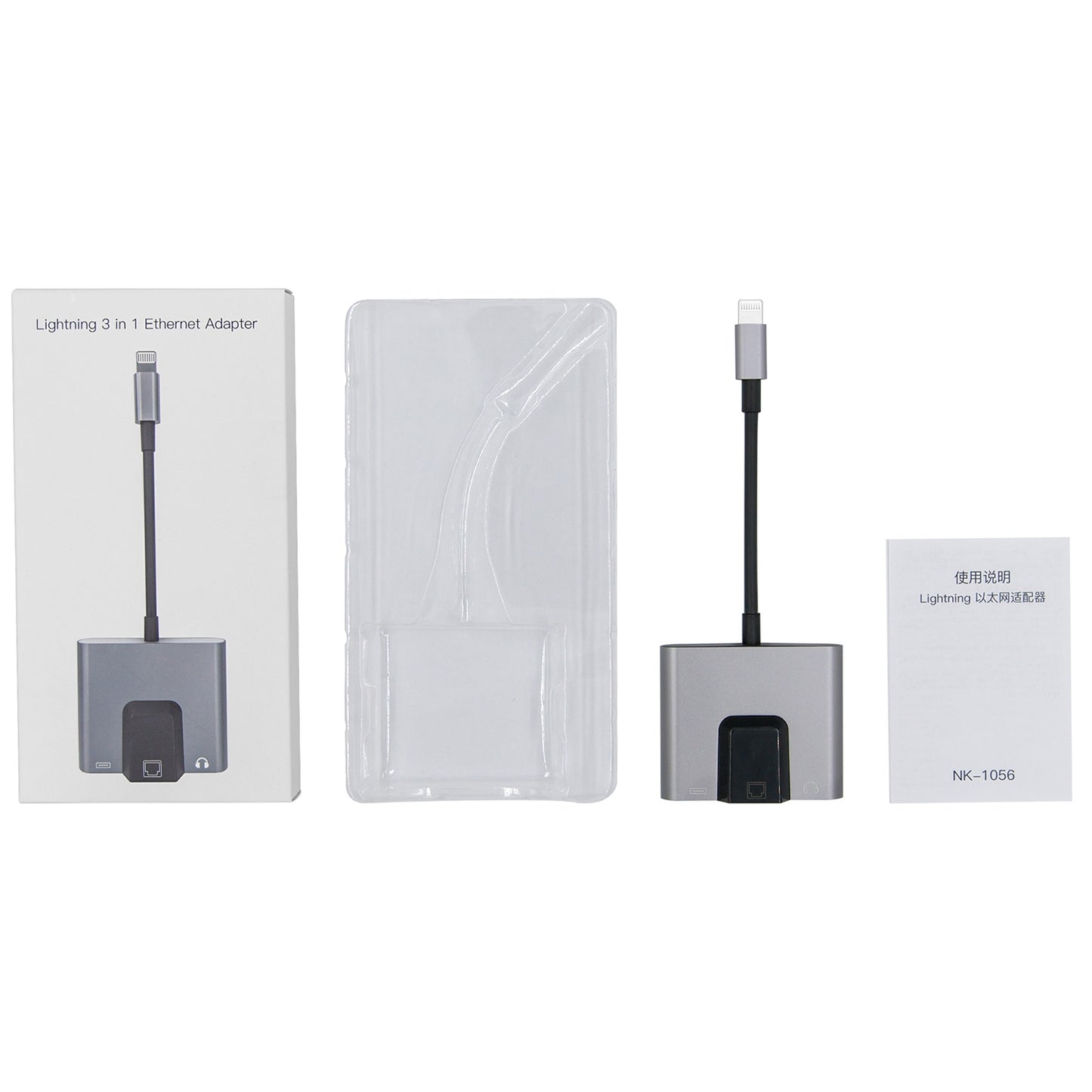 NK-1056 3 in 1 Converter 8 Pin Male to 8 Pin Charging + RJ45 Ethernet + 3.5mm Headphone Female Adapter