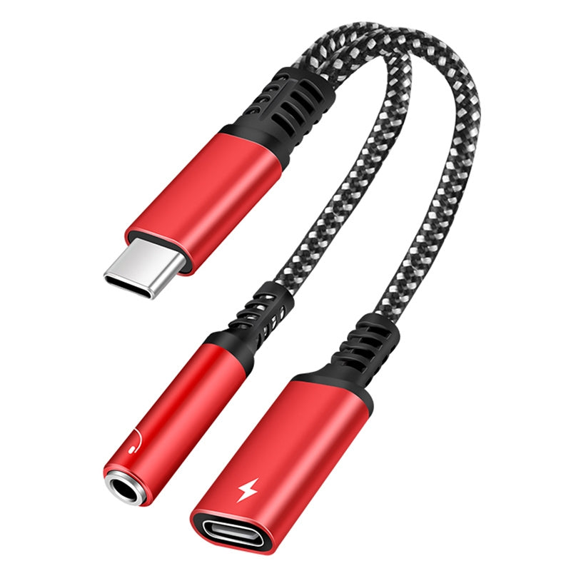 2-in-1 Type-C Male to PD 60W Type-C Charging + 3.5mm Audio Female Headphone Adapter Splitter - Red