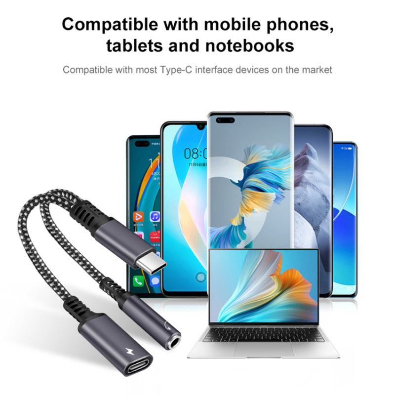 2-in-1 Type-C Male to PD 60W Type-C Charging + 3.5mm Audio Female Headphone Adapter Splitter - Black