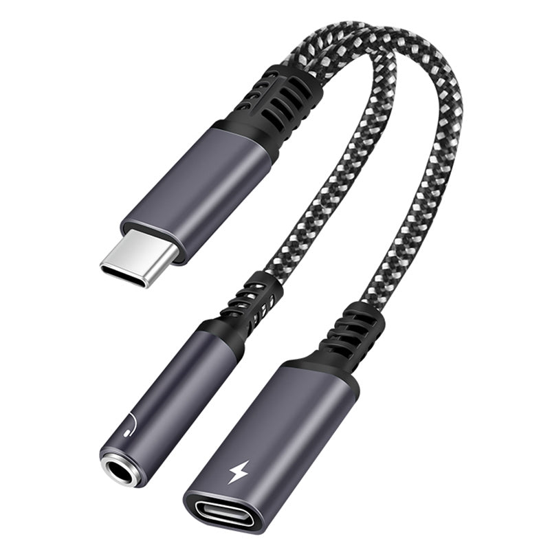 2-in-1 Type-C Male to PD 60W Type-C Charging + 3.5mm Audio Female Headphone Adapter Splitter - Grey