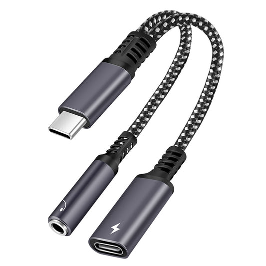 2-in-1 Type-C Male to PD 60W Type-C Charging + 3.5mm Audio Female Headphone Adapter Splitter - Grey