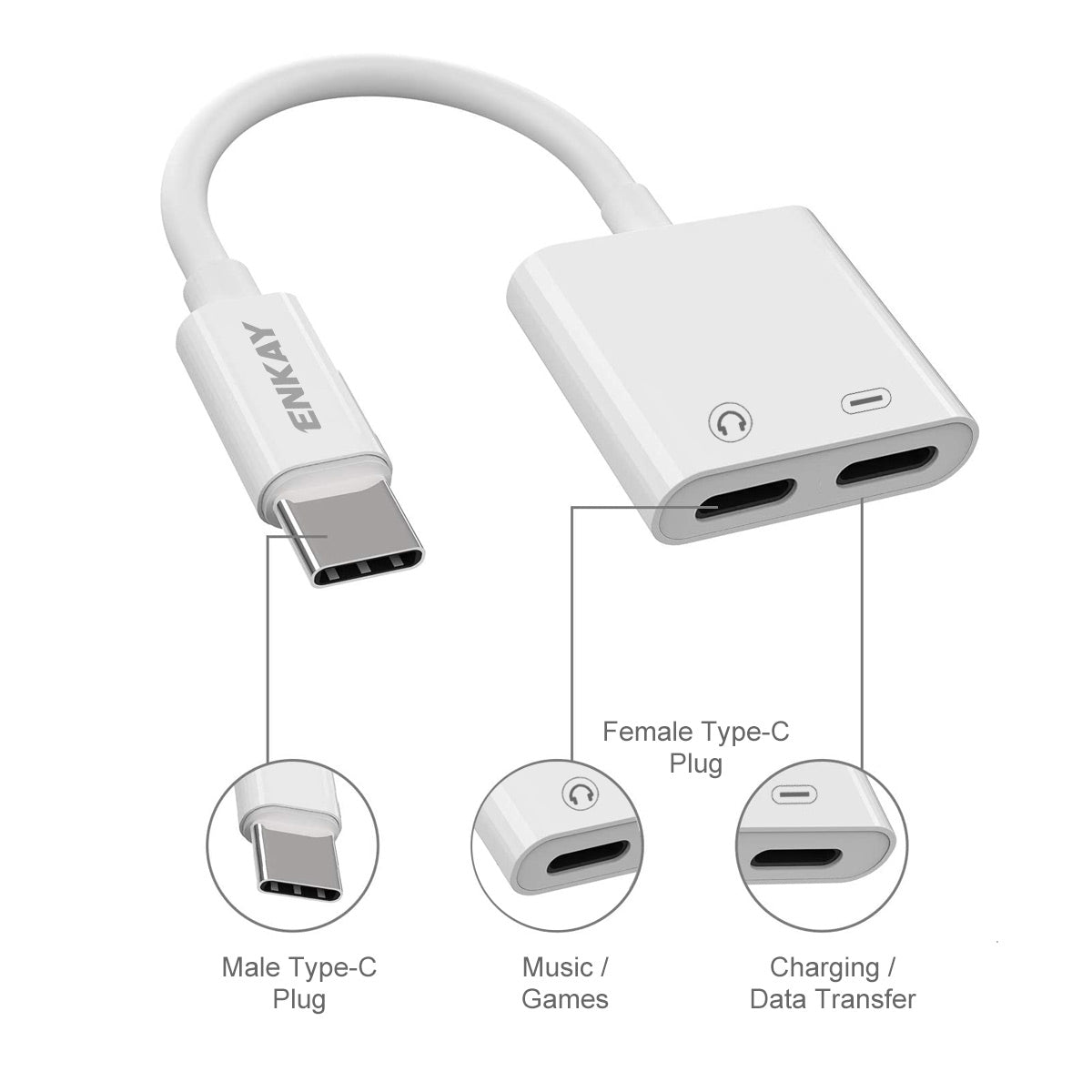 ENK-AT105 Dual USB Type C Splitter 2 in 1 Audio Converter Type C to Type C Male to Female Adapter