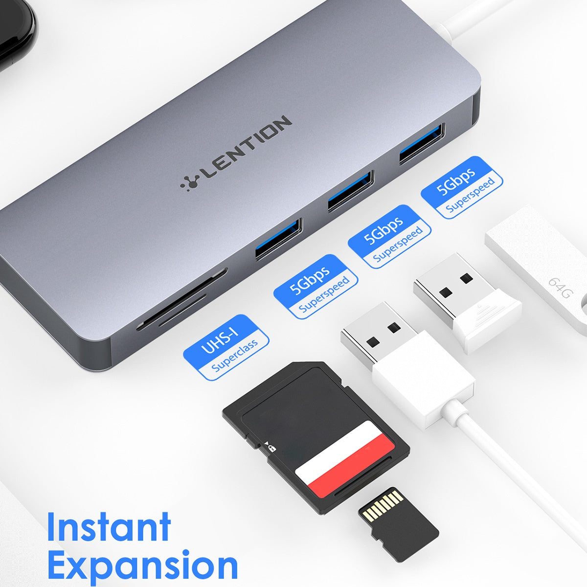 Uniqkart H15 USB-A Hub 3xUSB-A 3.0 Ports+2 Memory Card Reader Slots Aluminum Alloy Converter - Grey