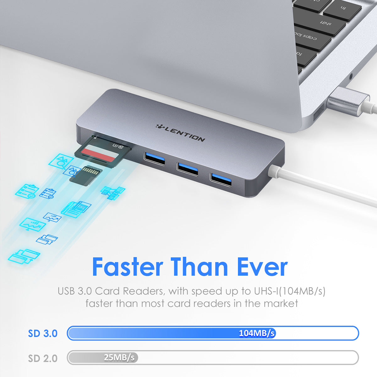 Uniqkart H15 USB-A Hub 3xUSB-A 3.0 Ports+2 Memory Card Reader Slots Aluminum Alloy Converter - Grey