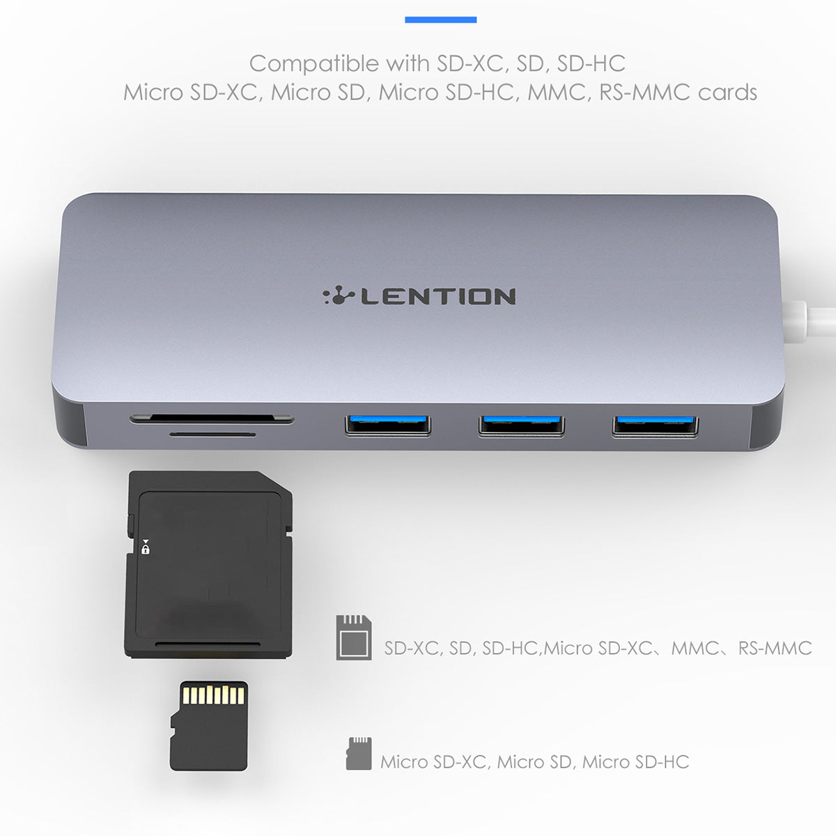 Uniqkart H15 USB-A Hub 3xUSB-A 3.0 Ports+2 Memory Card Reader Slots Aluminum Alloy Converter - Grey