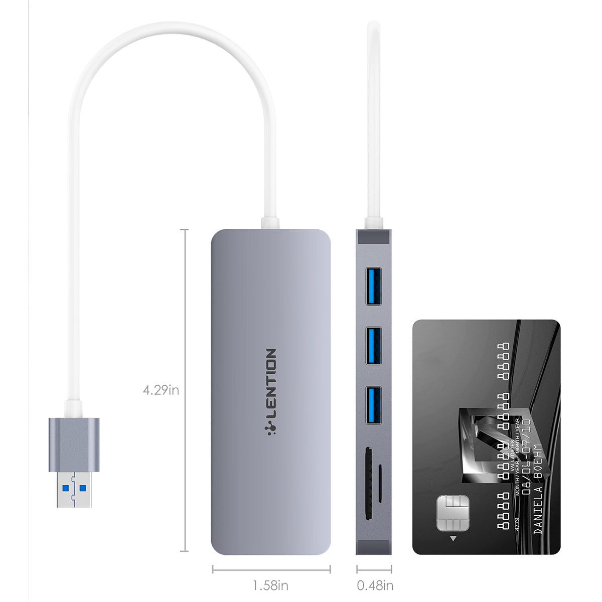 Uniqkart H15 USB-A Hub 3xUSB-A 3.0 Ports+2 Memory Card Reader Slots Aluminum Alloy Converter - Grey