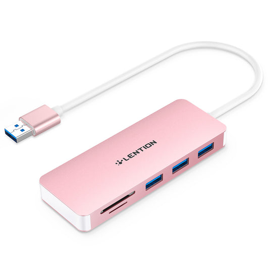 Uniqkart H15 USB-A Hub 3xUSB-A 3.0 Ports+2 Memory Card Reader Slots Aluminum Alloy Converter - Rose Gold