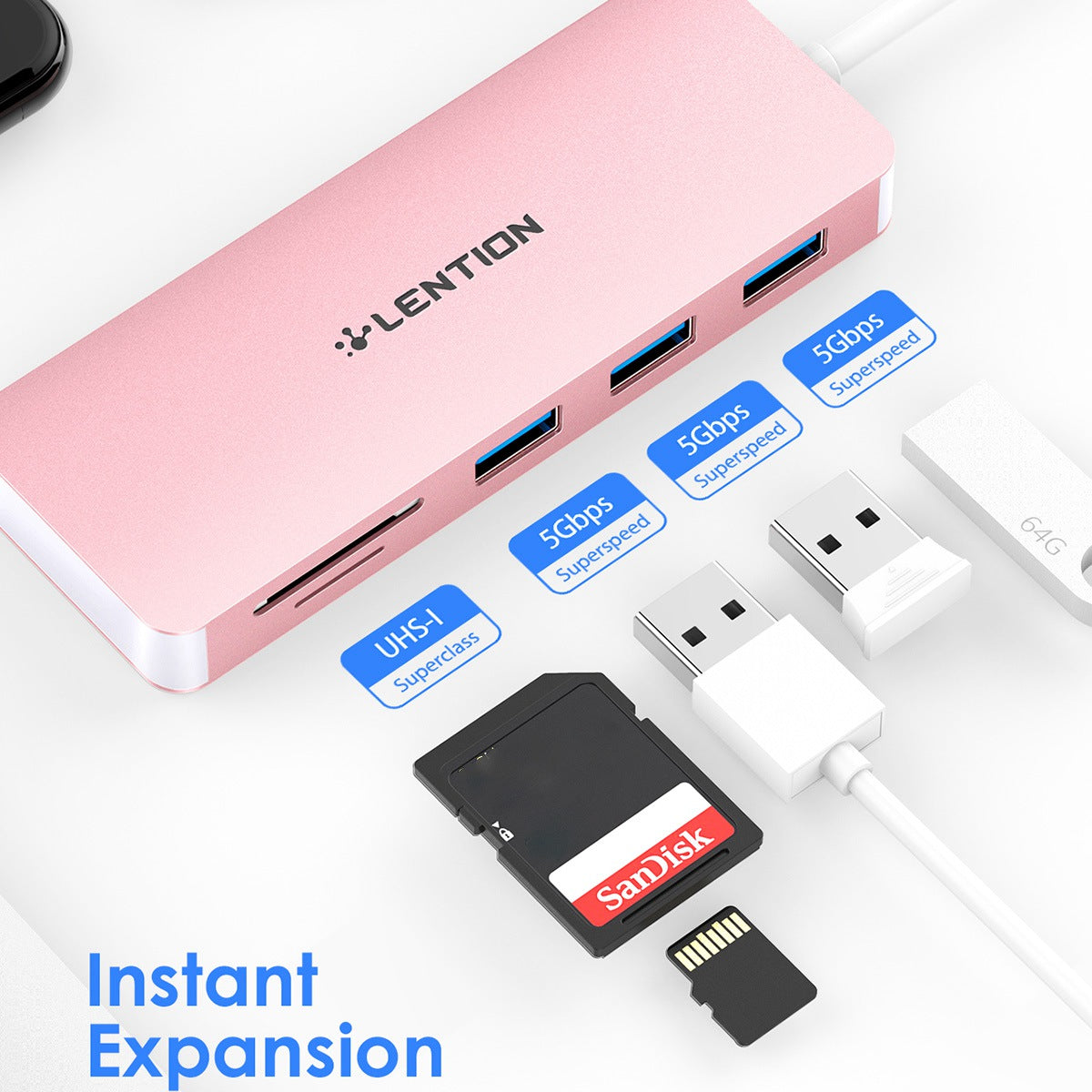 Uniqkart H15 USB-A Hub 3xUSB-A 3.0 Ports+2 Memory Card Reader Slots Aluminum Alloy Converter - Rose Gold