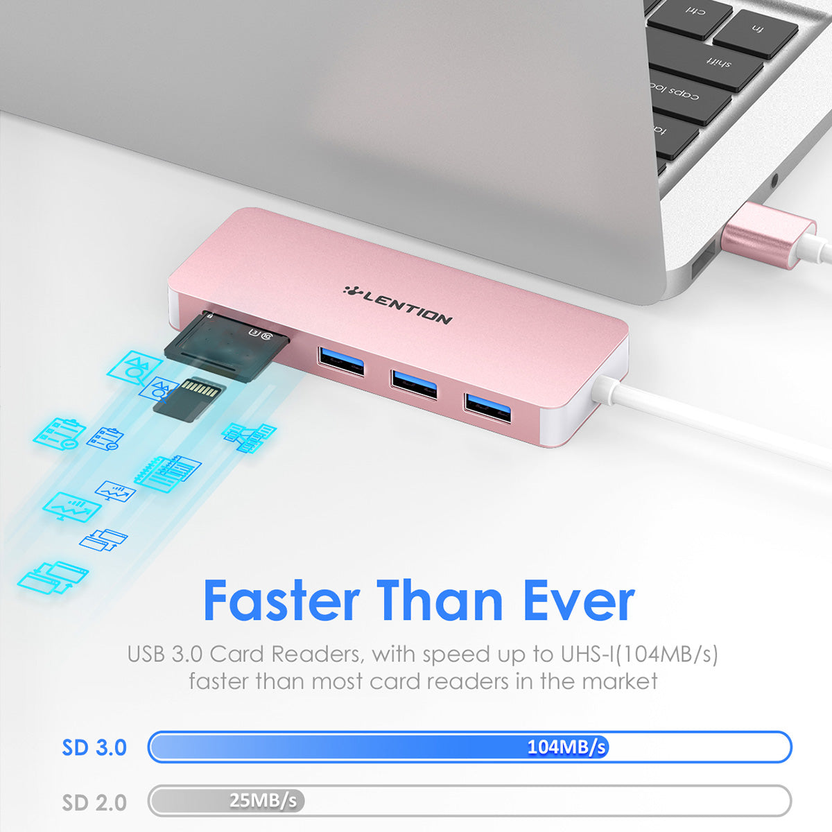 Uniqkart H15 USB-A Hub 3xUSB-A 3.0 Ports+2 Memory Card Reader Slots Aluminum Alloy Converter - Rose Gold