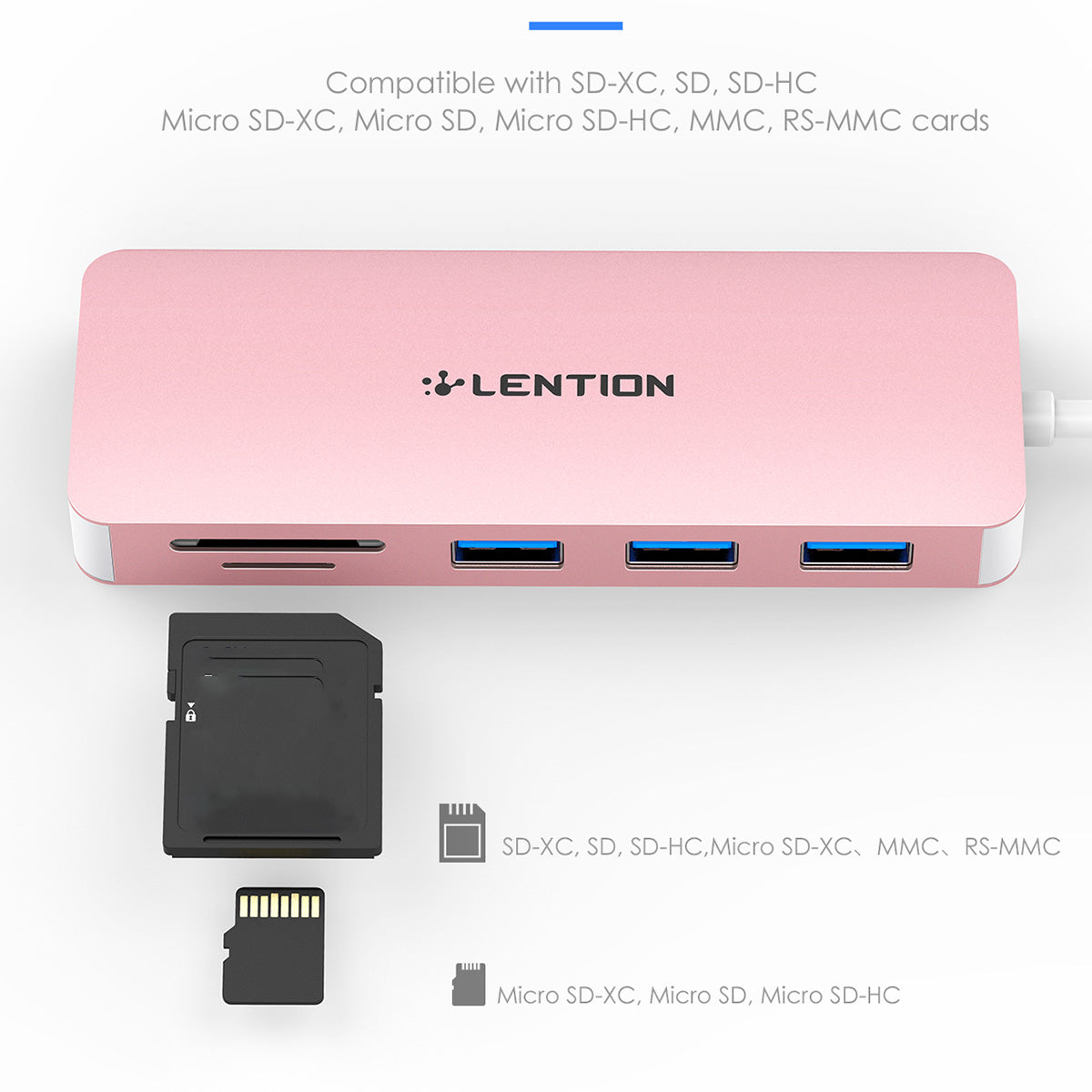 Uniqkart H15 USB-A Hub 3xUSB-A 3.0 Ports+2 Memory Card Reader Slots Aluminum Alloy Converter - Rose Gold