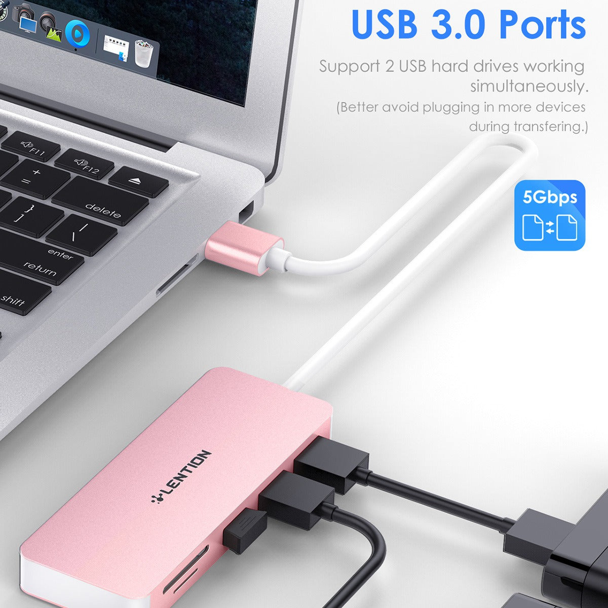Uniqkart H15 USB-A Hub 3xUSB-A 3.0 Ports+2 Memory Card Reader Slots Aluminum Alloy Converter - Rose Gold