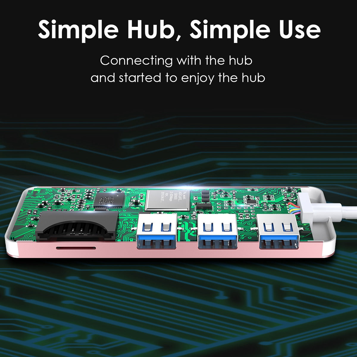 Uniqkart H15 USB-A Hub 3xUSB-A 3.0 Ports+2 Memory Card Reader Slots Aluminum Alloy Converter - Rose Gold