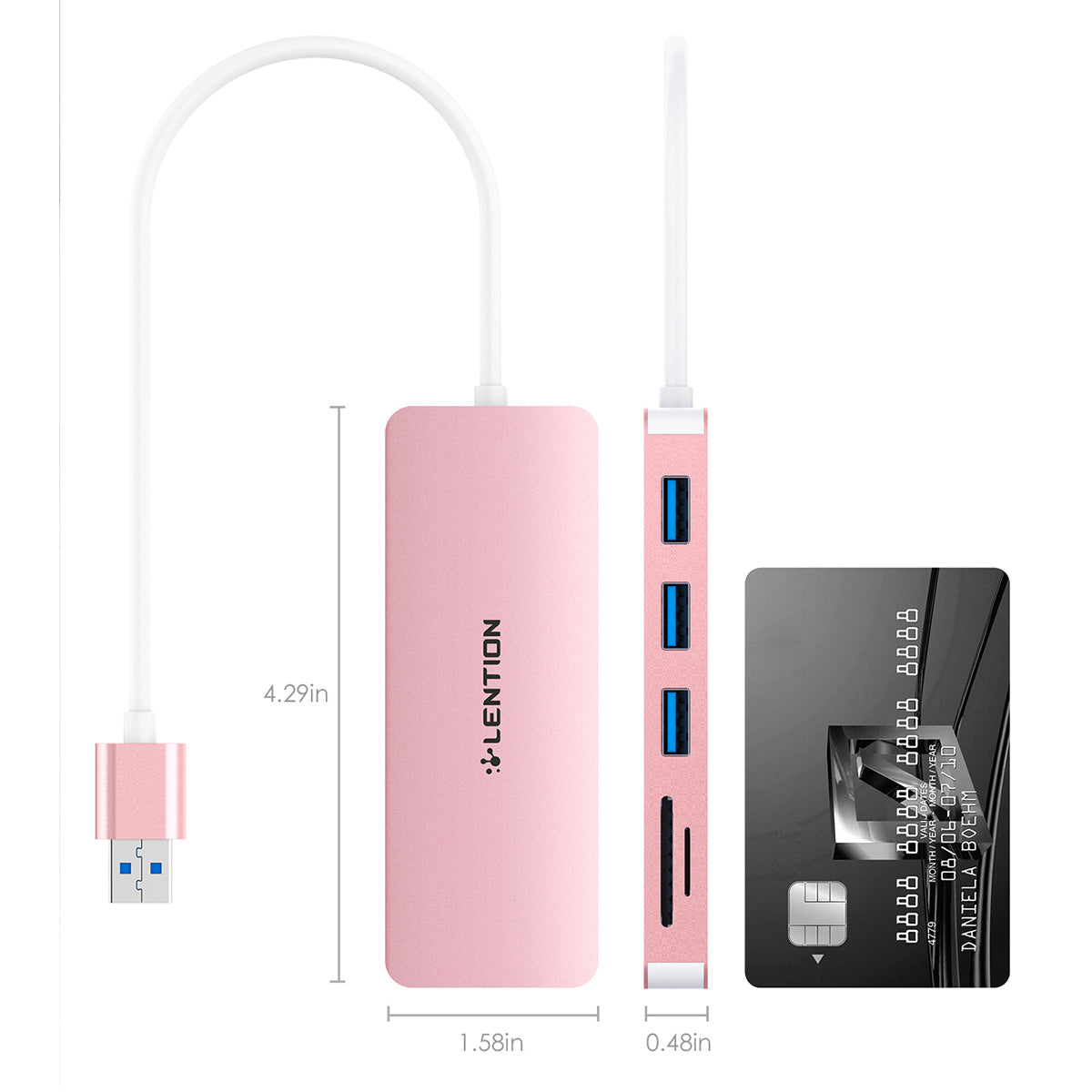 Uniqkart H15 USB-A Hub 3xUSB-A 3.0 Ports+2 Memory Card Reader Slots Aluminum Alloy Converter - Rose Gold