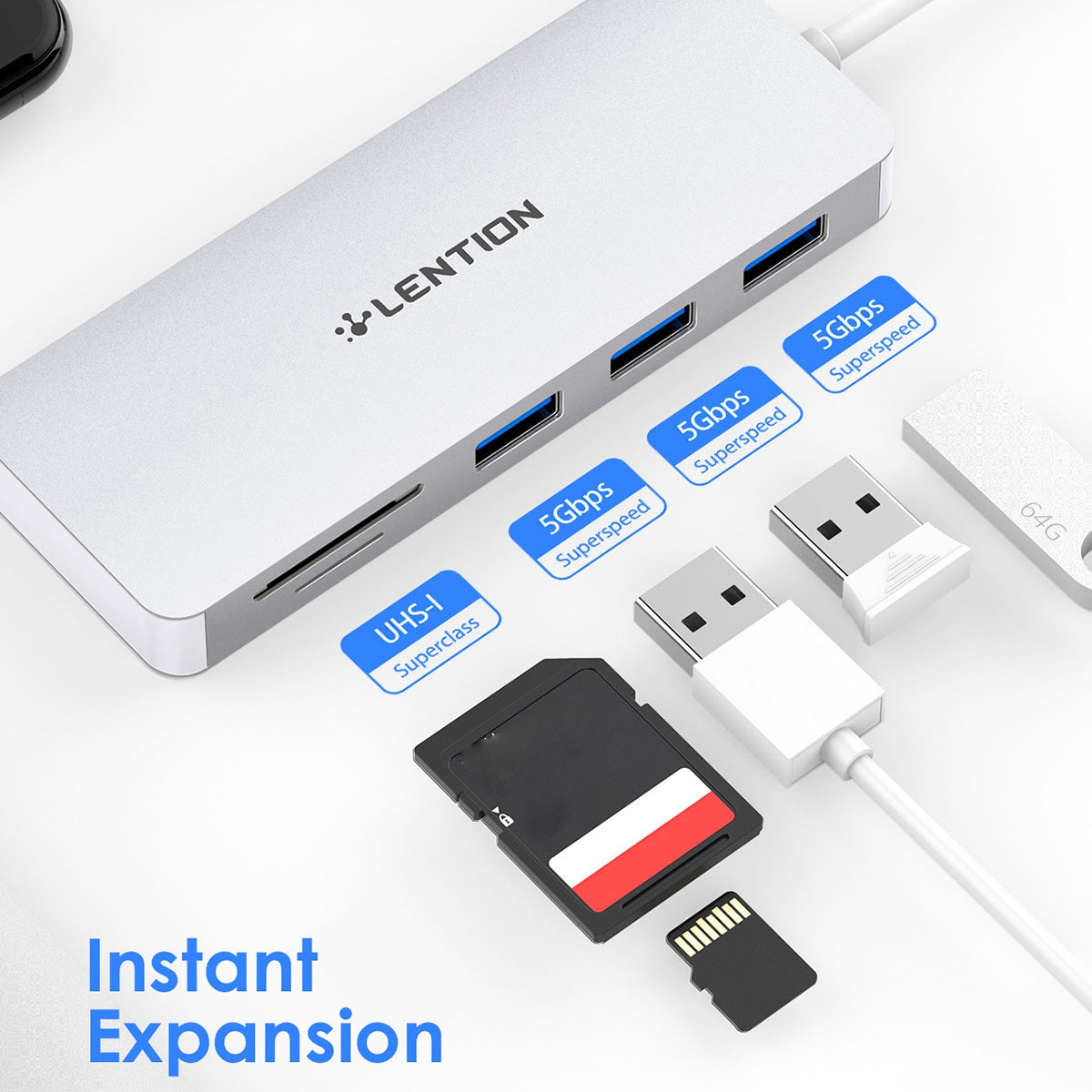 Uniqkart H15 USB-A Hub 3xUSB-A 3.0 Ports+2 Memory Card Reader Slots Aluminum Alloy Converter - Silver