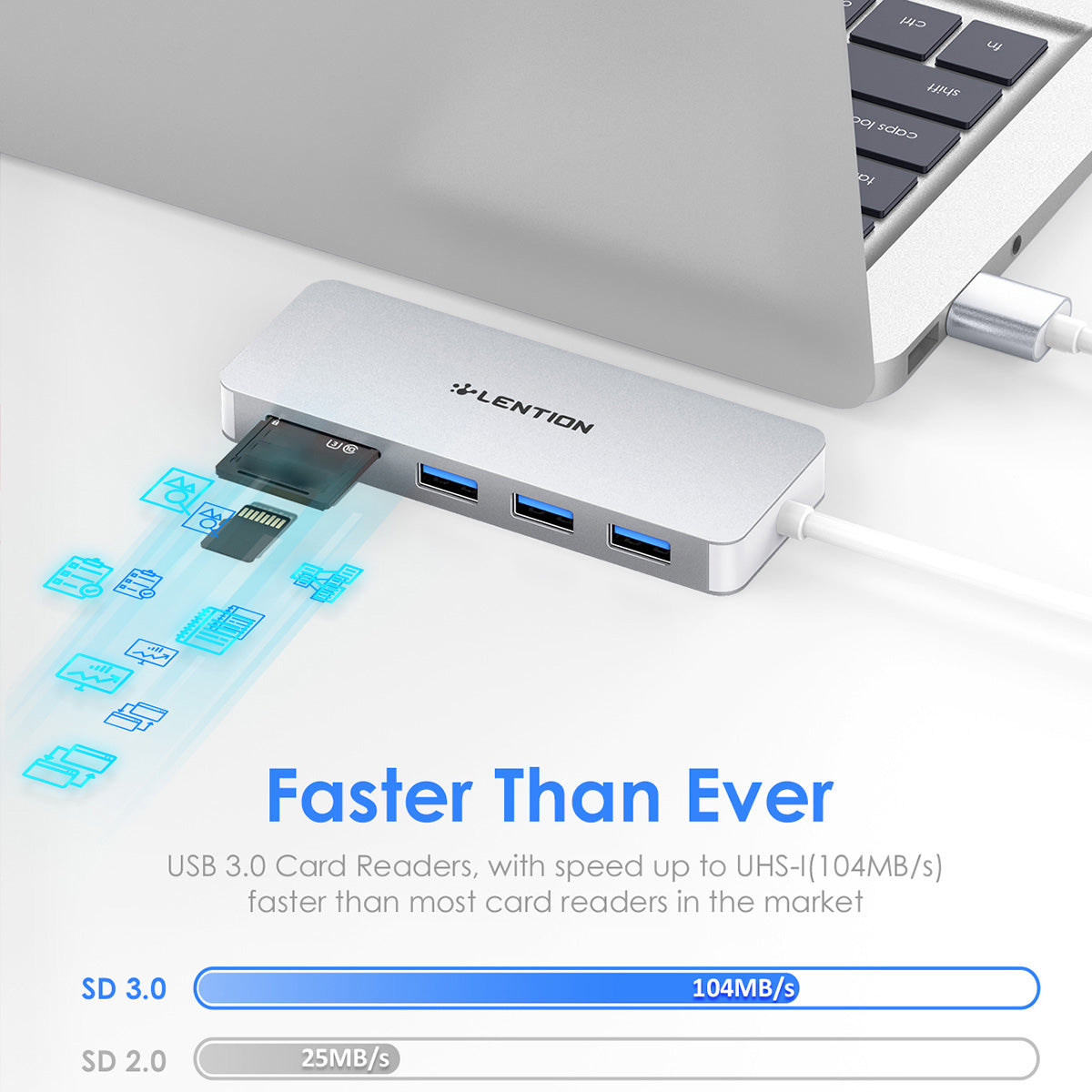 Uniqkart H15 USB-A Hub 3xUSB-A 3.0 Ports+2 Memory Card Reader Slots Aluminum Alloy Converter - Silver
