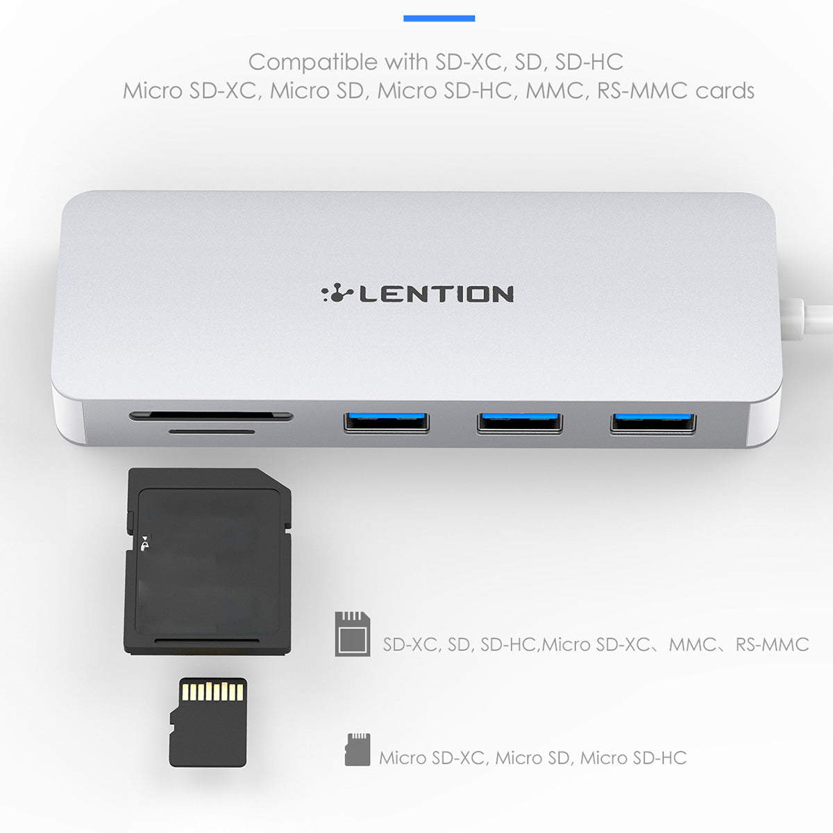 Uniqkart H15 USB-A Hub 3xUSB-A 3.0 Ports+2 Memory Card Reader Slots Aluminum Alloy Converter - Silver