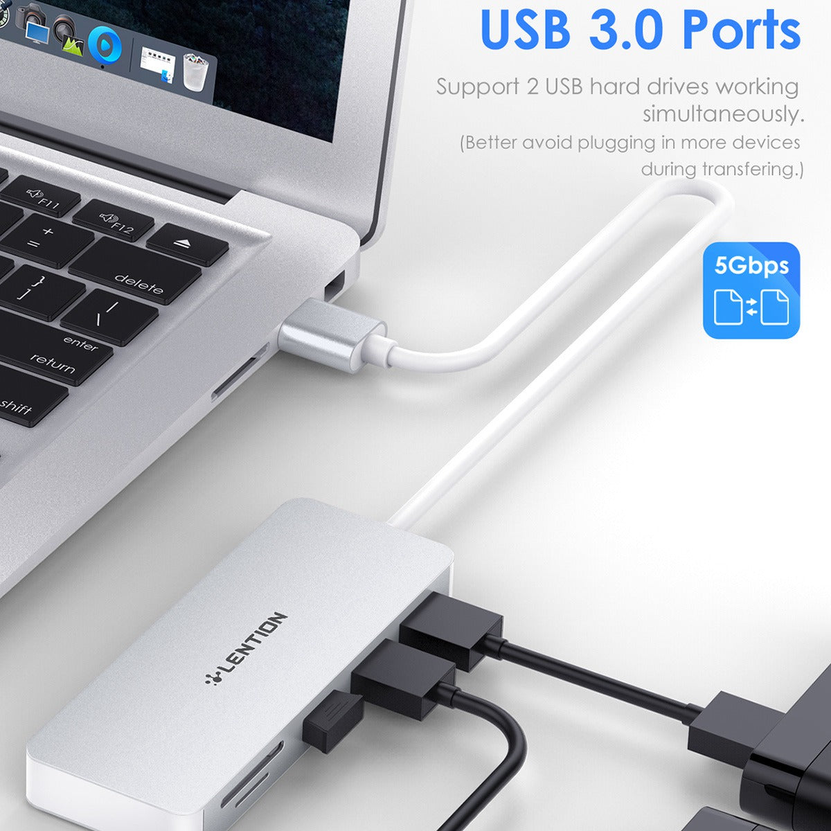 Uniqkart H15 USB-A Hub 3xUSB-A 3.0 Ports+2 Memory Card Reader Slots Aluminum Alloy Converter - Silver
