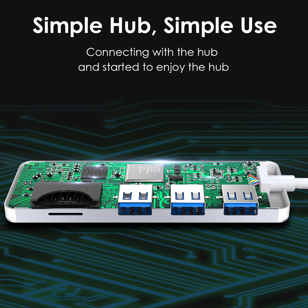 Uniqkart H15 USB-A Hub 3xUSB-A 3.0 Ports+2 Memory Card Reader Slots Aluminum Alloy Converter - Silver