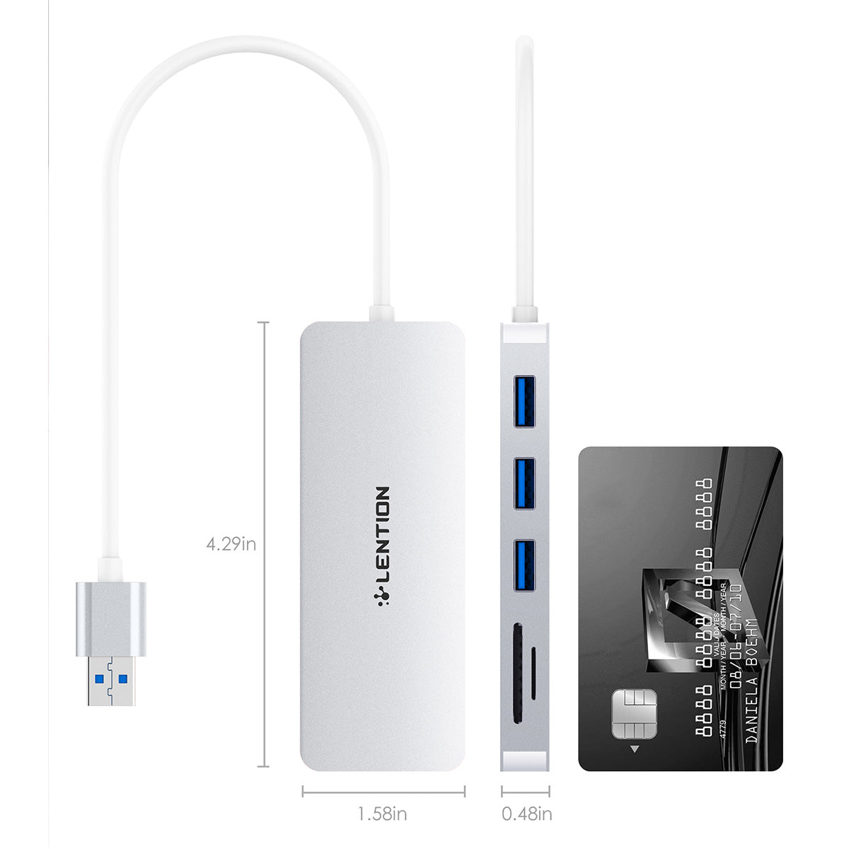 Uniqkart H15 USB-A Hub 3xUSB-A 3.0 Ports+2 Memory Card Reader Slots Aluminum Alloy Converter - Silver