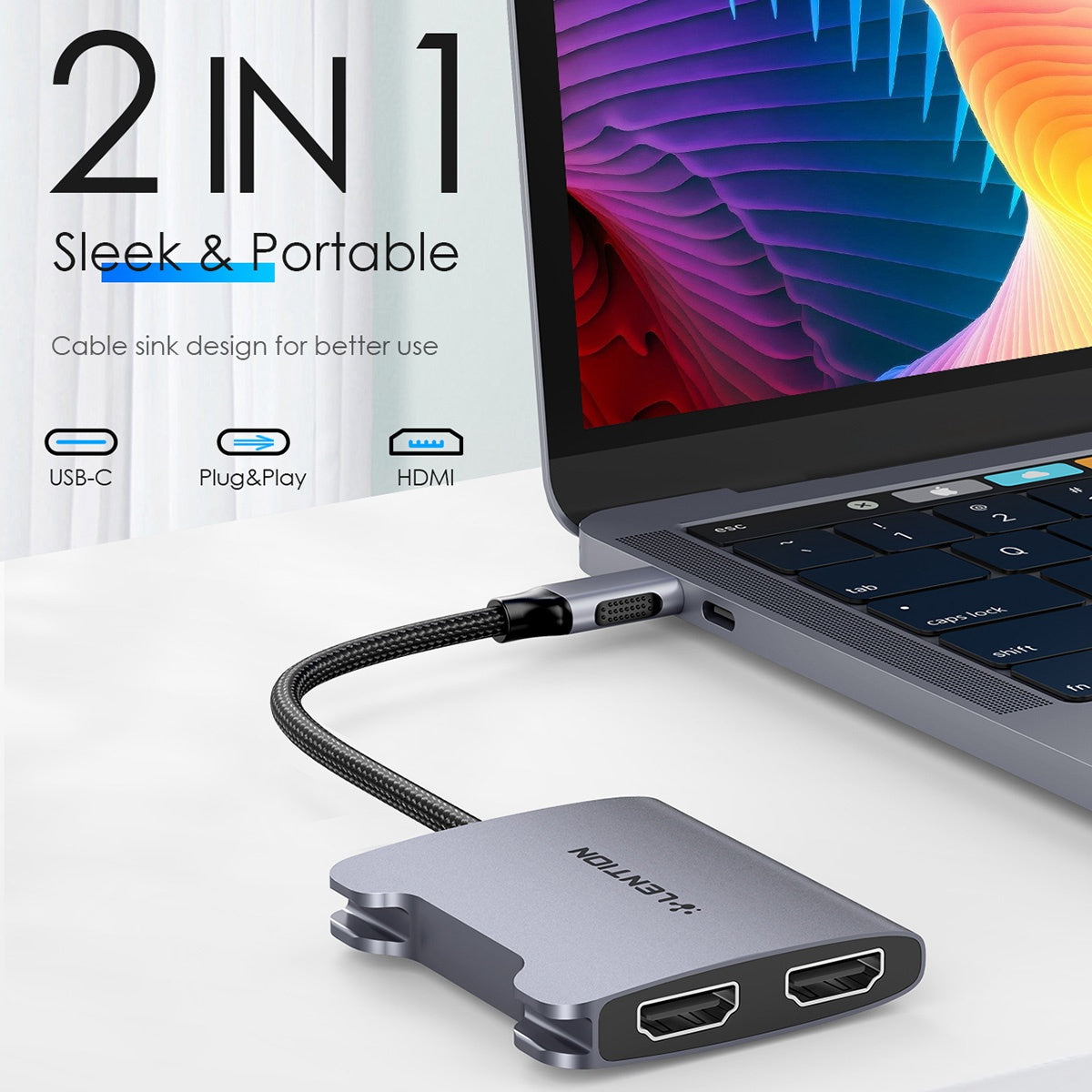 Uniqkart CF53H HDMI Splitter, USB Type-C to 2 HDMI Adapter for Mobile Phone / Tablet Support DP Alt Mode