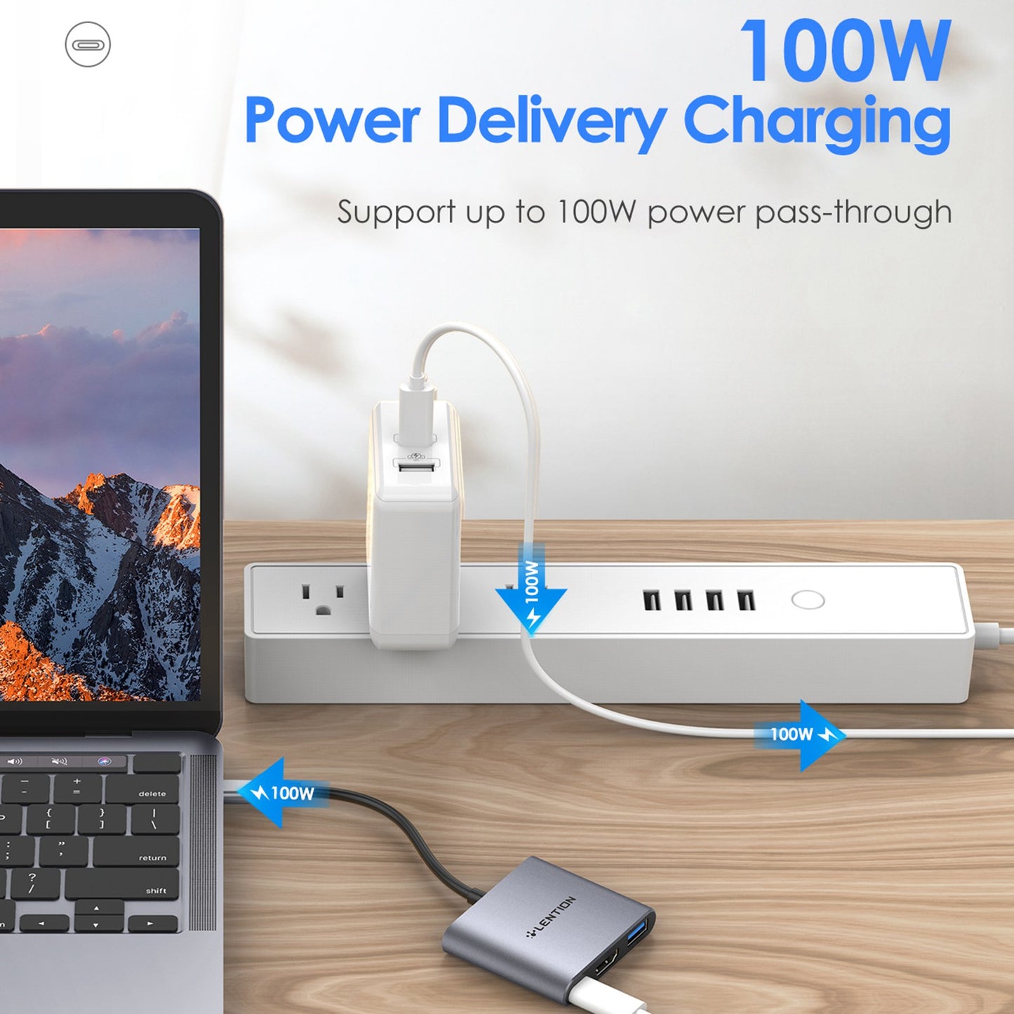 LENTION C14H USB-C to USB-A 3.0 + HD + PD Adapter Aluminum Alloy HD 4K Video Converter - Grey