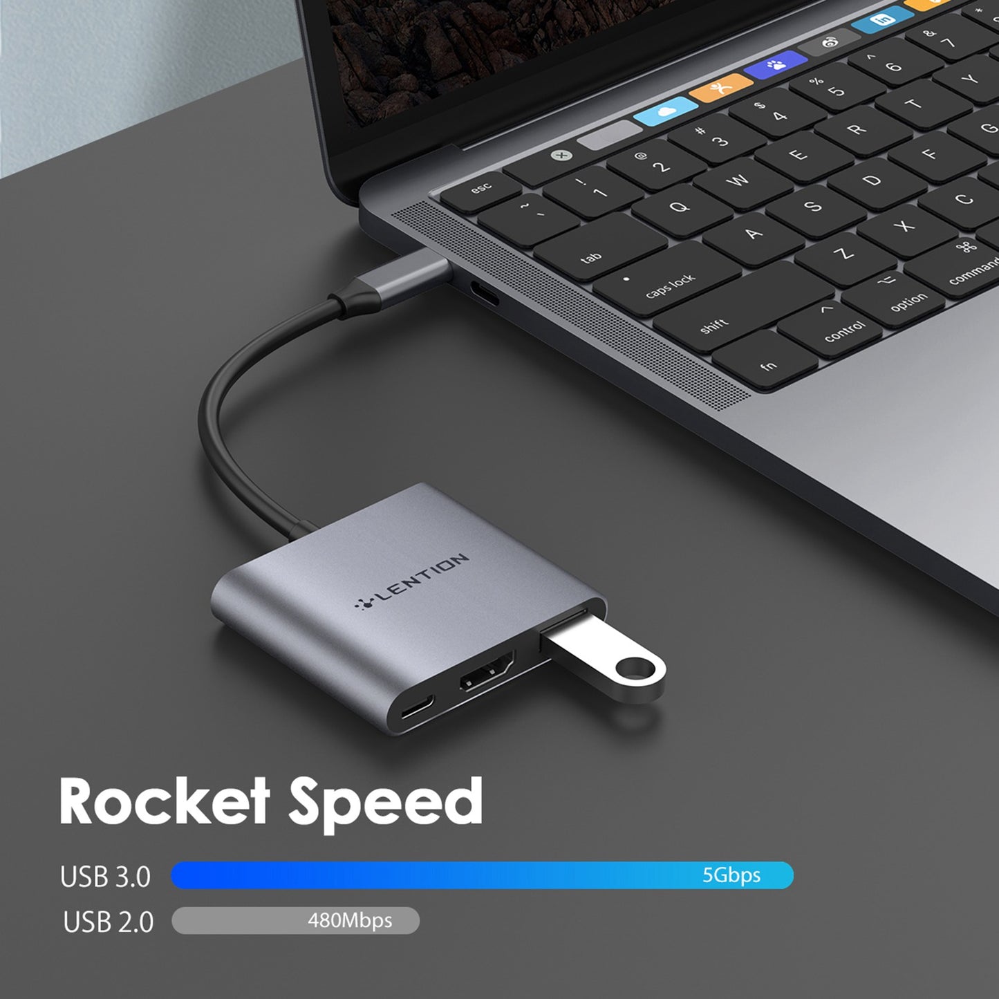 LENTION C14H USB-C to USB-A 3.0 + HD + PD Adapter Aluminum Alloy HD 4K Video Converter - Grey