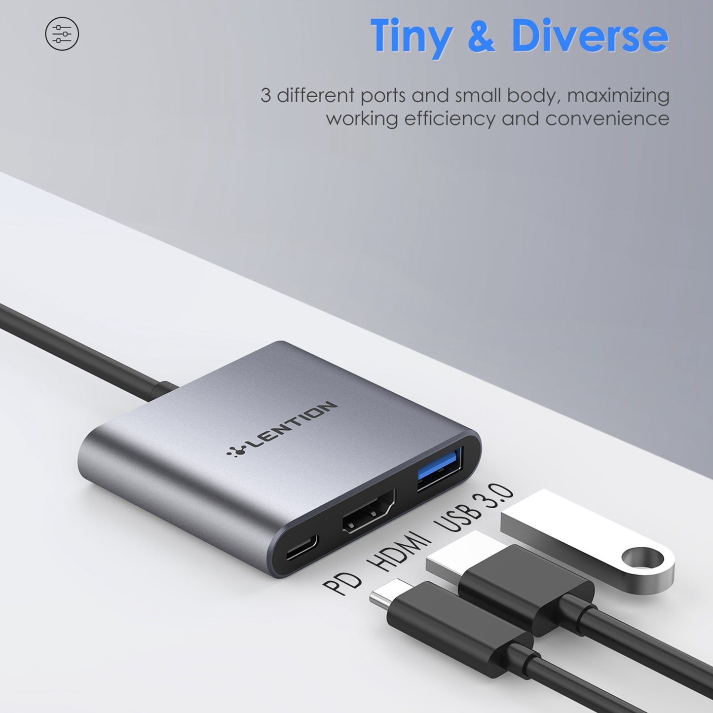 LENTION C14H USB-C to USB-A 3.0 + HD + PD Adapter Aluminum Alloy HD 4K Video Converter - Grey