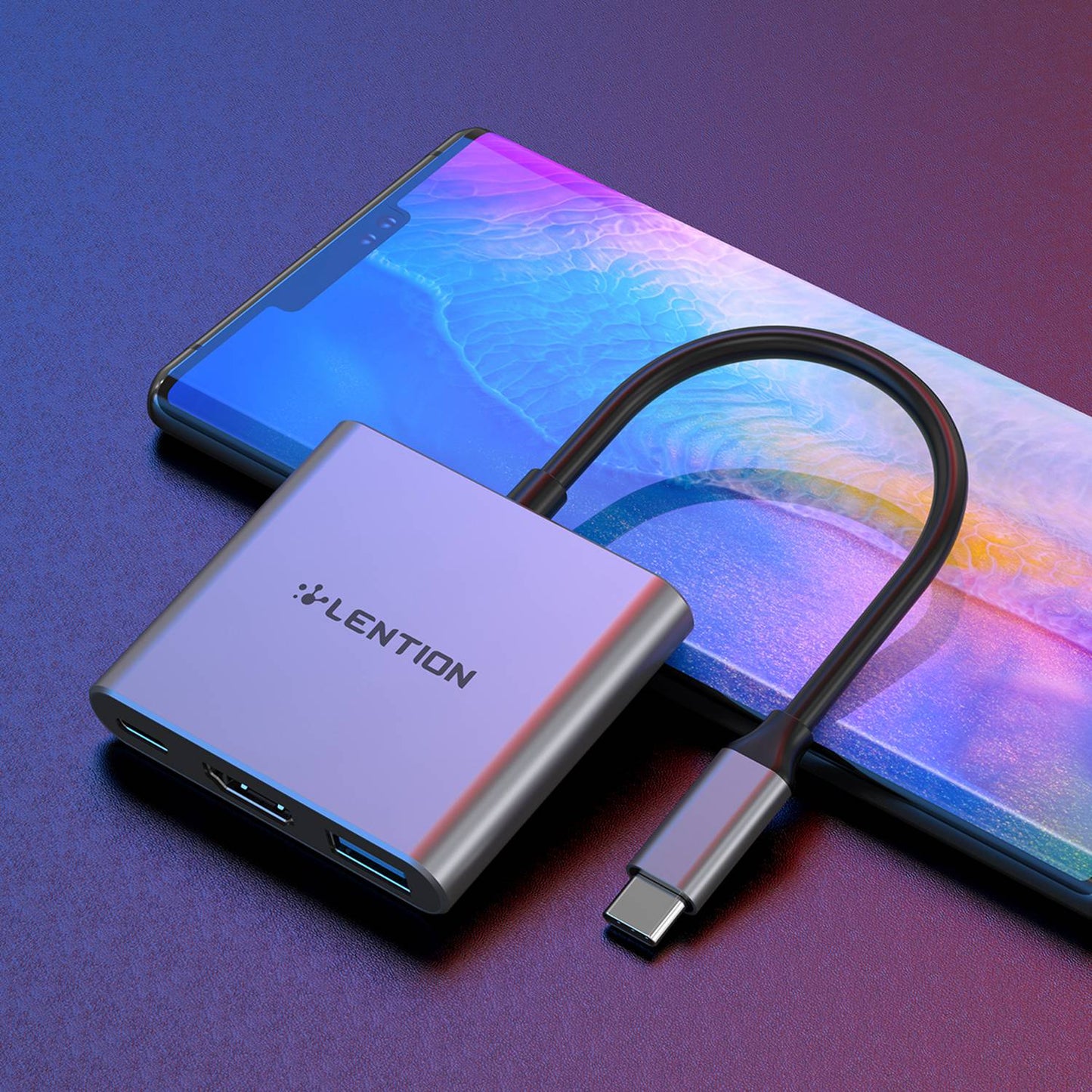 LENTION C14H USB-C to USB-A 3.0 + HD + PD Adapter Aluminum Alloy HD 4K Video Converter - Grey