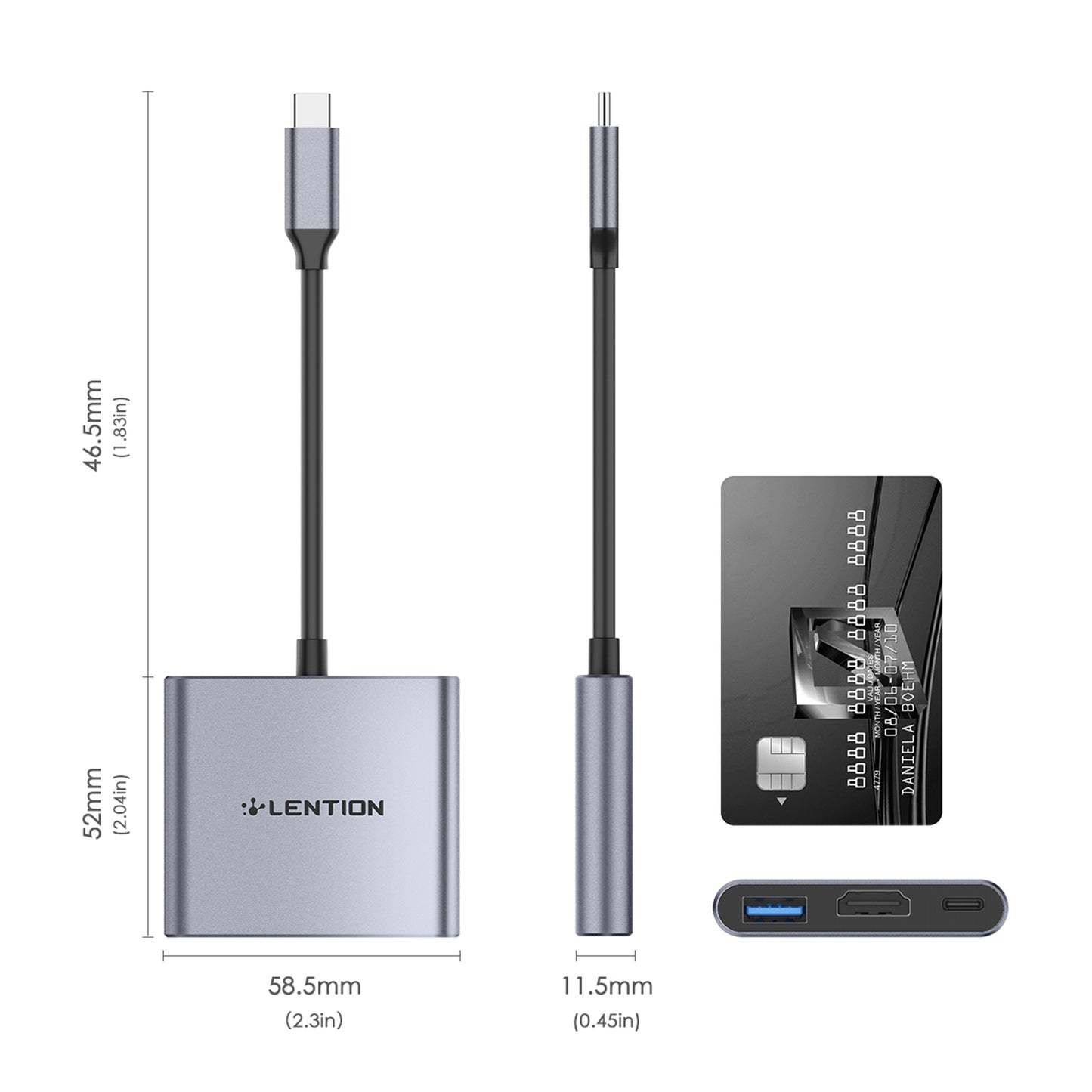 LENTION C14H USB-C to USB-A 3.0 + HD + PD Adapter Aluminum Alloy HD 4K Video Converter - Grey