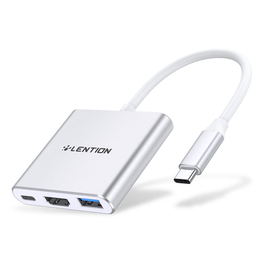 LENTION C14H USB-C to USB-A 3.0 + HD + PD Adapter Aluminum Alloy HD 4K Video Converter - Silver