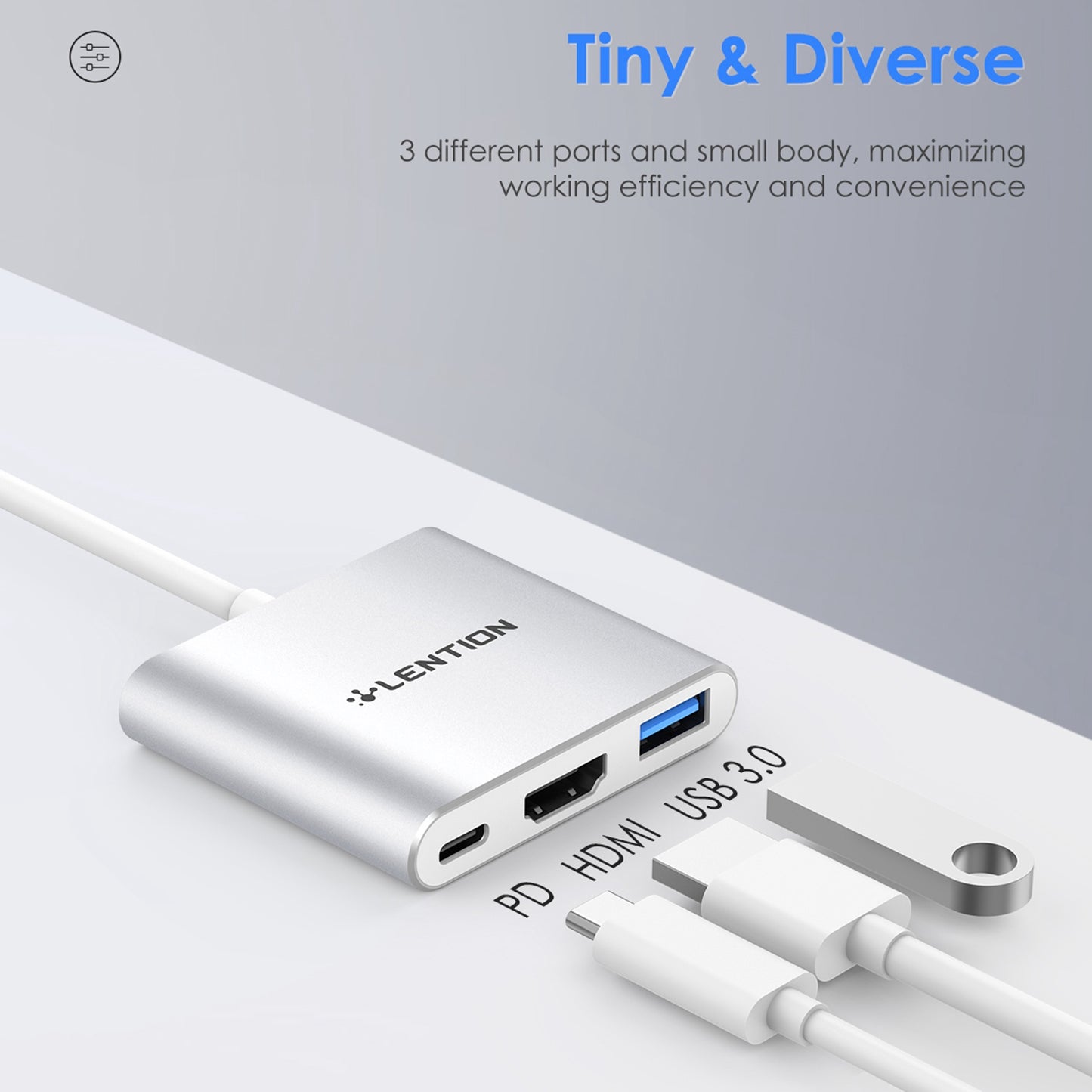 LENTION C14H USB-C to USB-A 3.0 + HD + PD Adapter Aluminum Alloy HD 4K Video Converter - Silver