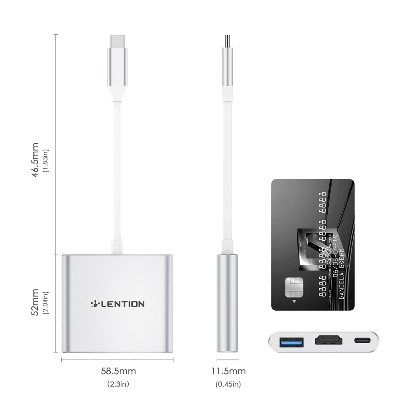 LENTION C14H USB-C to USB-A 3.0 + HD + PD Adapter Aluminum Alloy HD 4K Video Converter - Silver