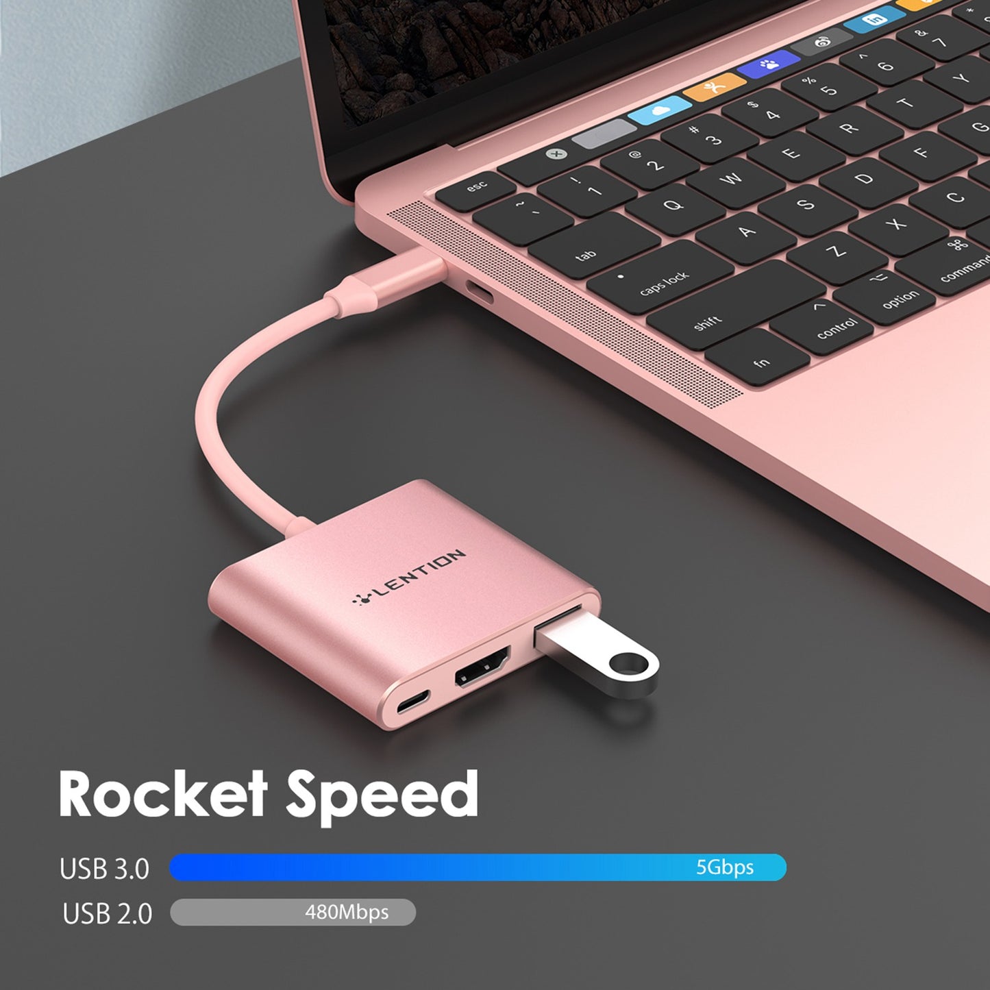 Uniqkart C14H USB-C to USB-A 3.0 + HD + PD Adapter Aluminum Alloy HD 4K Video Converter - Rose Gold