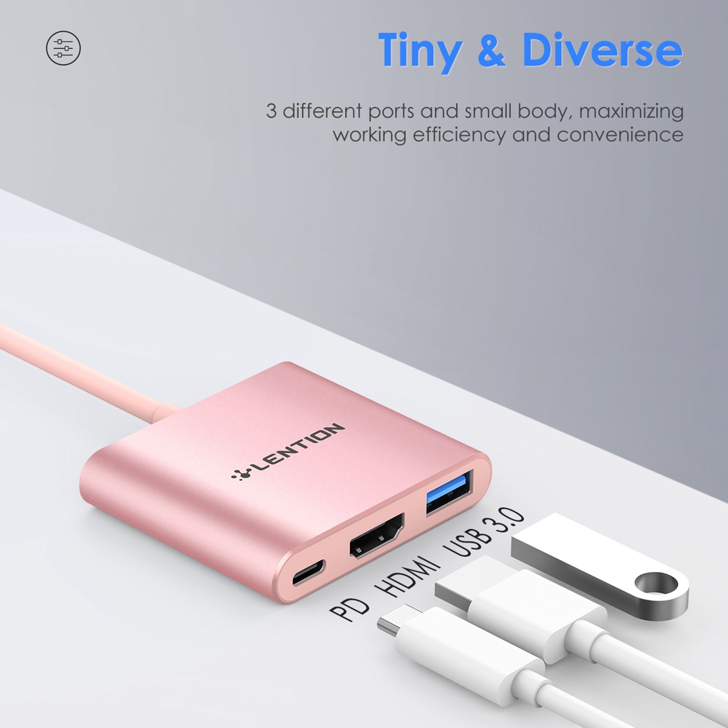 Uniqkart C14H USB-C to USB-A 3.0 + HD + PD Adapter Aluminum Alloy HD 4K Video Converter - Rose Gold