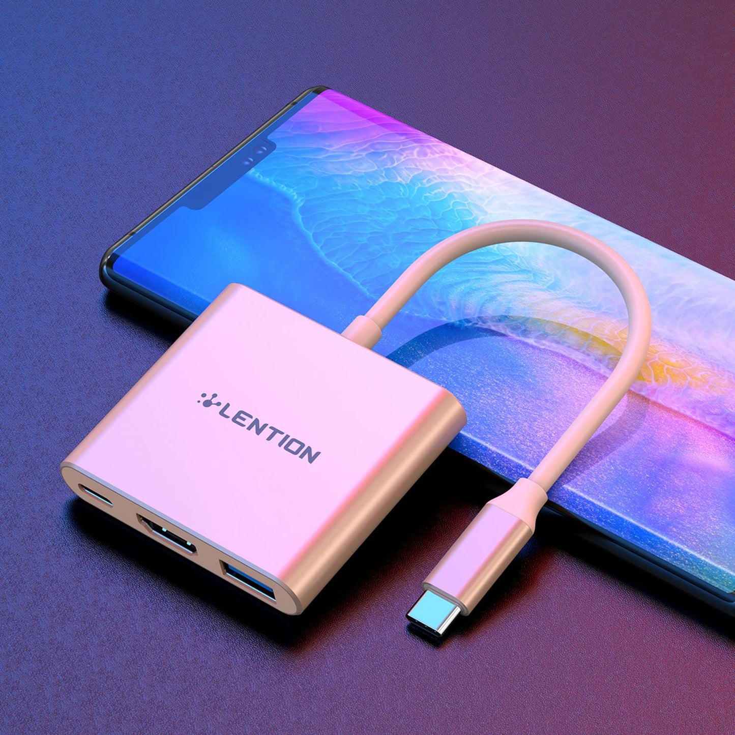 Uniqkart C14H USB-C to USB-A 3.0 + HD + PD Adapter Aluminum Alloy HD 4K Video Converter - Rose Gold