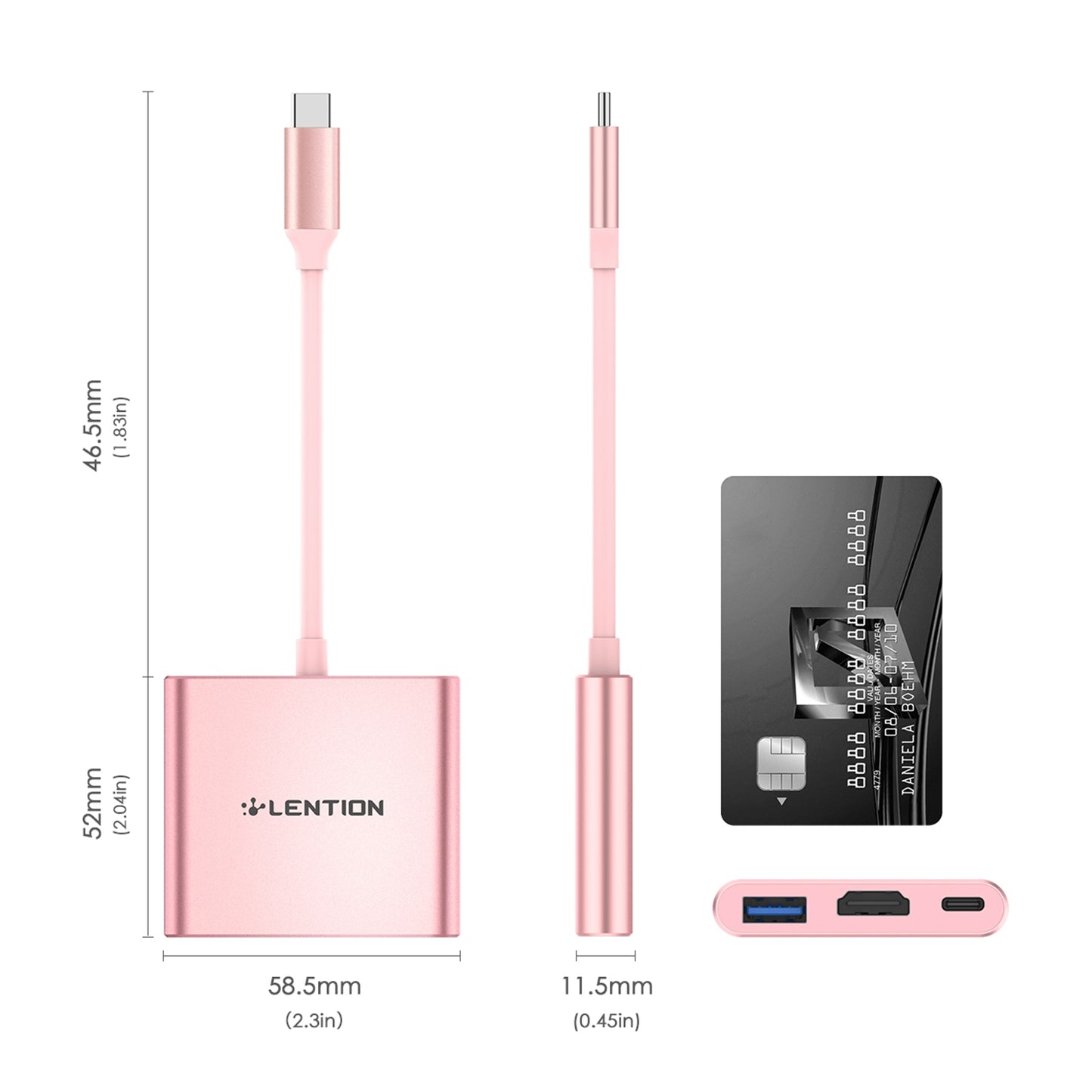 Uniqkart C14H USB-C to USB-A 3.0 + HD + PD Adapter Aluminum Alloy HD 4K Video Converter - Rose Gold