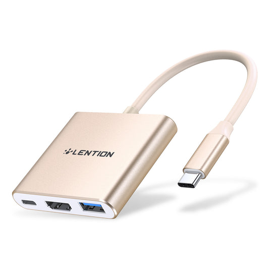 LENTION C14H USB-C to USB-A 3.0 + HD + PD Adapter Aluminum Alloy HD 4K Video Converter - Gold