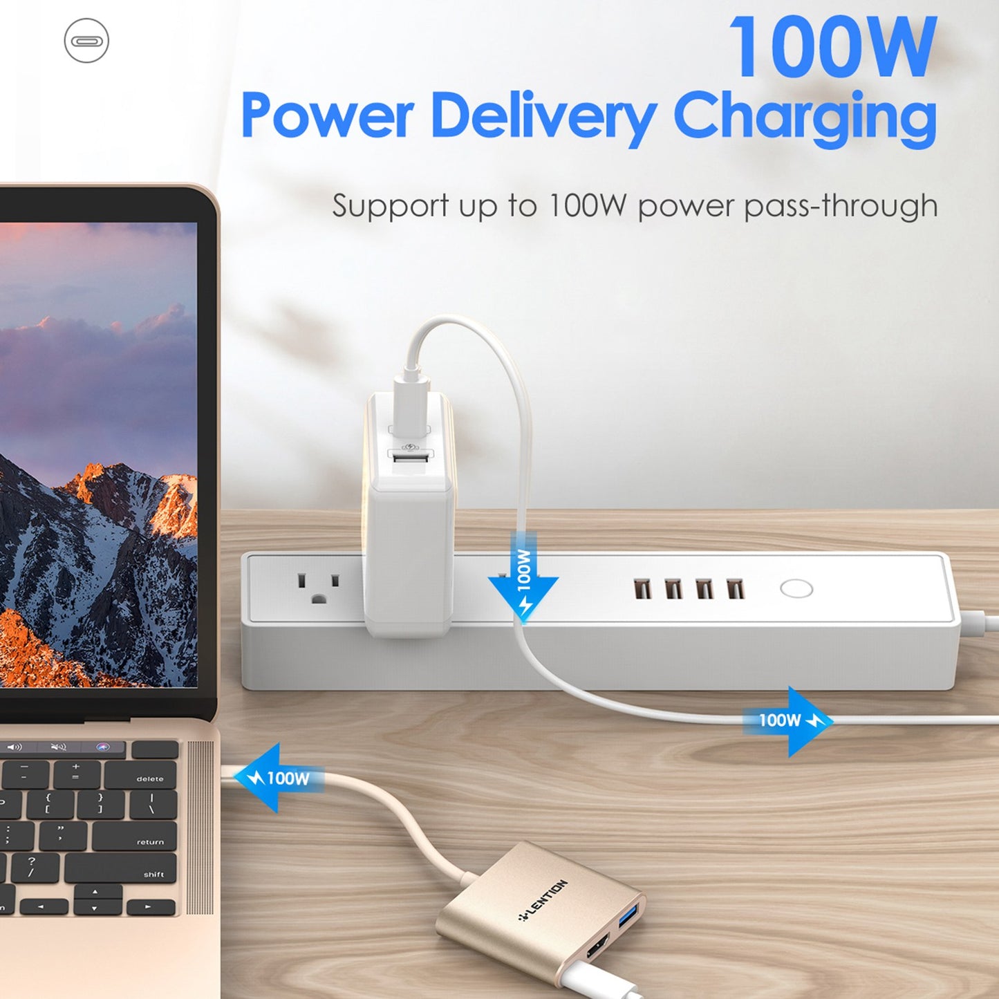 LENTION C14H USB-C to USB-A 3.0 + HD + PD Adapter Aluminum Alloy HD 4K Video Converter - Gold