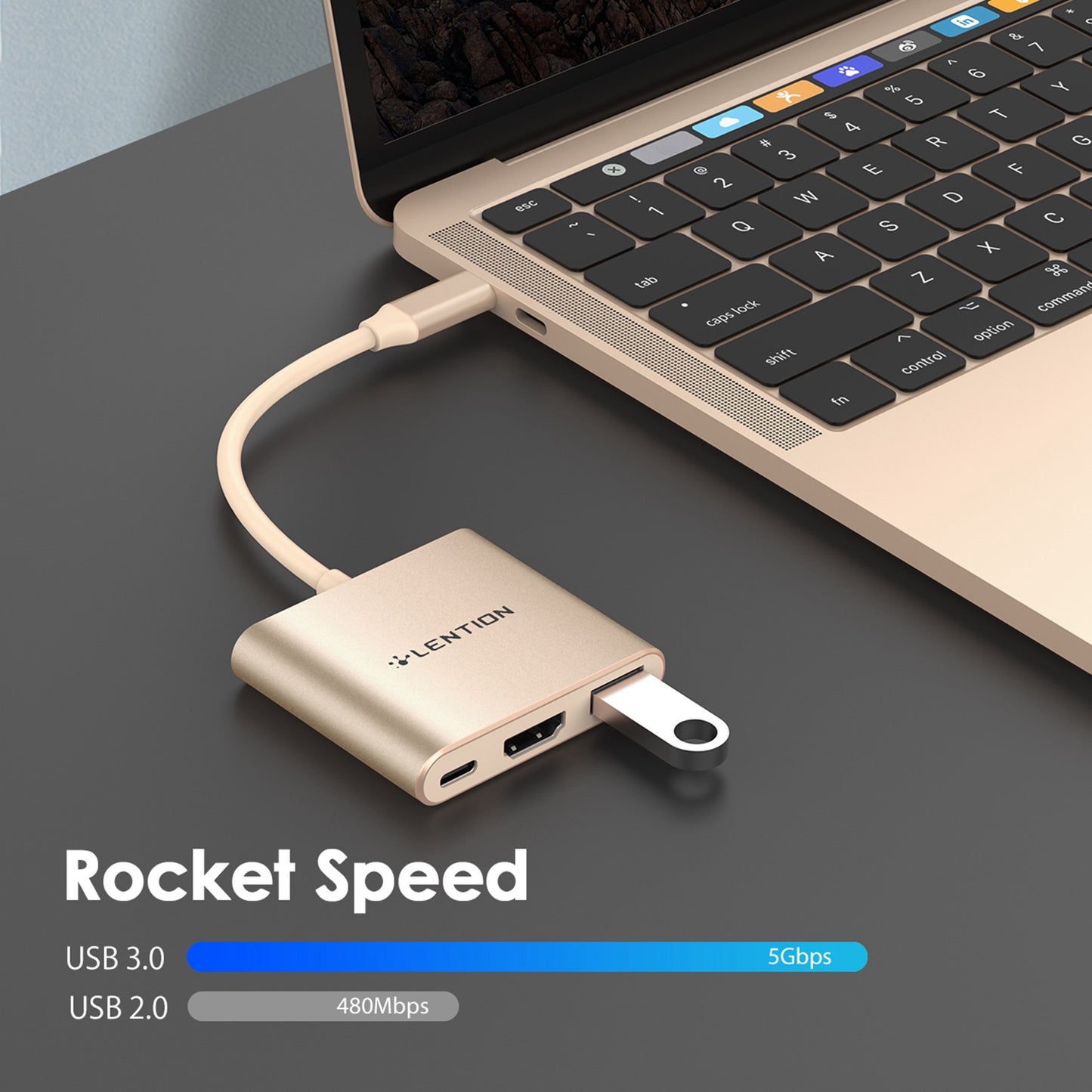 LENTION C14H USB-C to USB-A 3.0 + HD + PD Adapter Aluminum Alloy HD 4K Video Converter - Gold