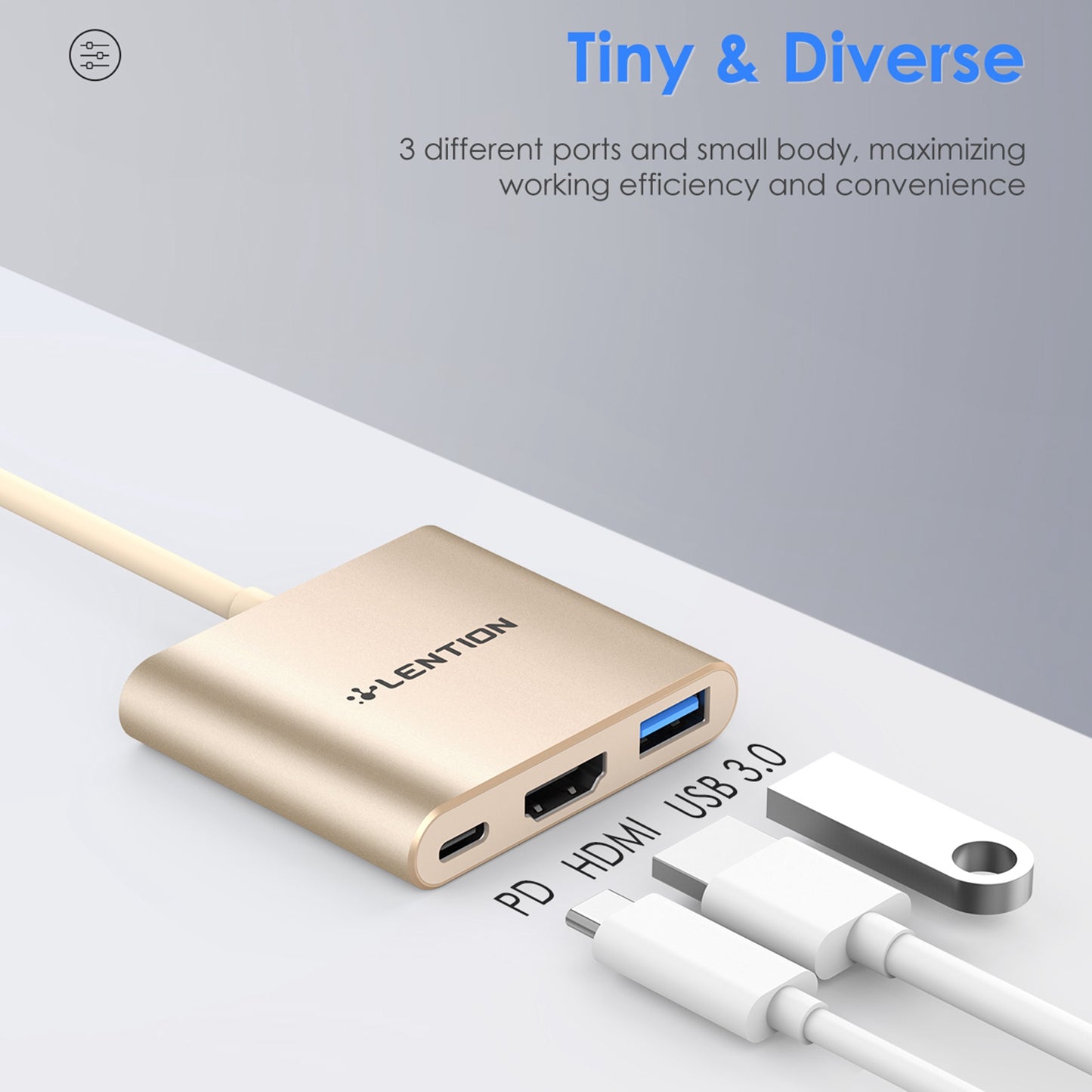 LENTION C14H USB-C to USB-A 3.0 + HD + PD Adapter Aluminum Alloy HD 4K Video Converter - Gold