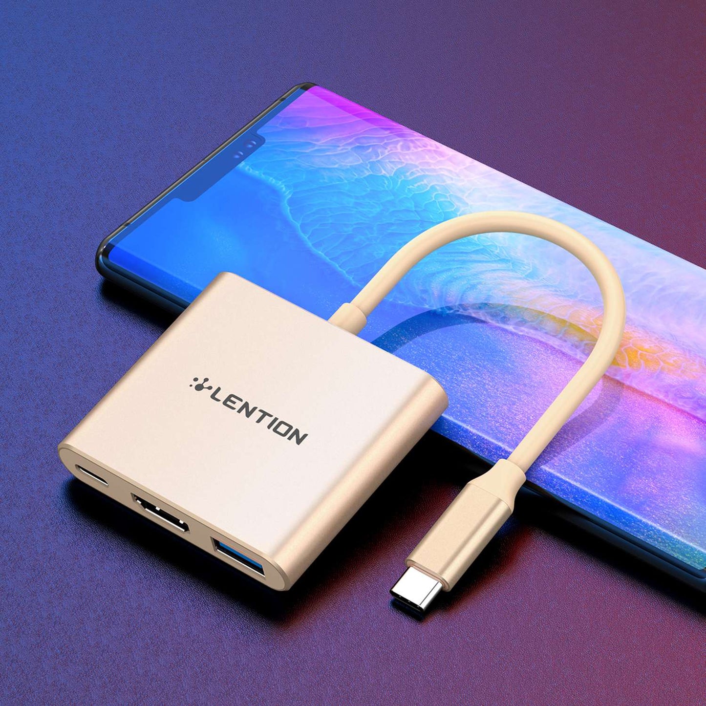 LENTION C14H USB-C to USB-A 3.0 + HD + PD Adapter Aluminum Alloy HD 4K Video Converter - Gold