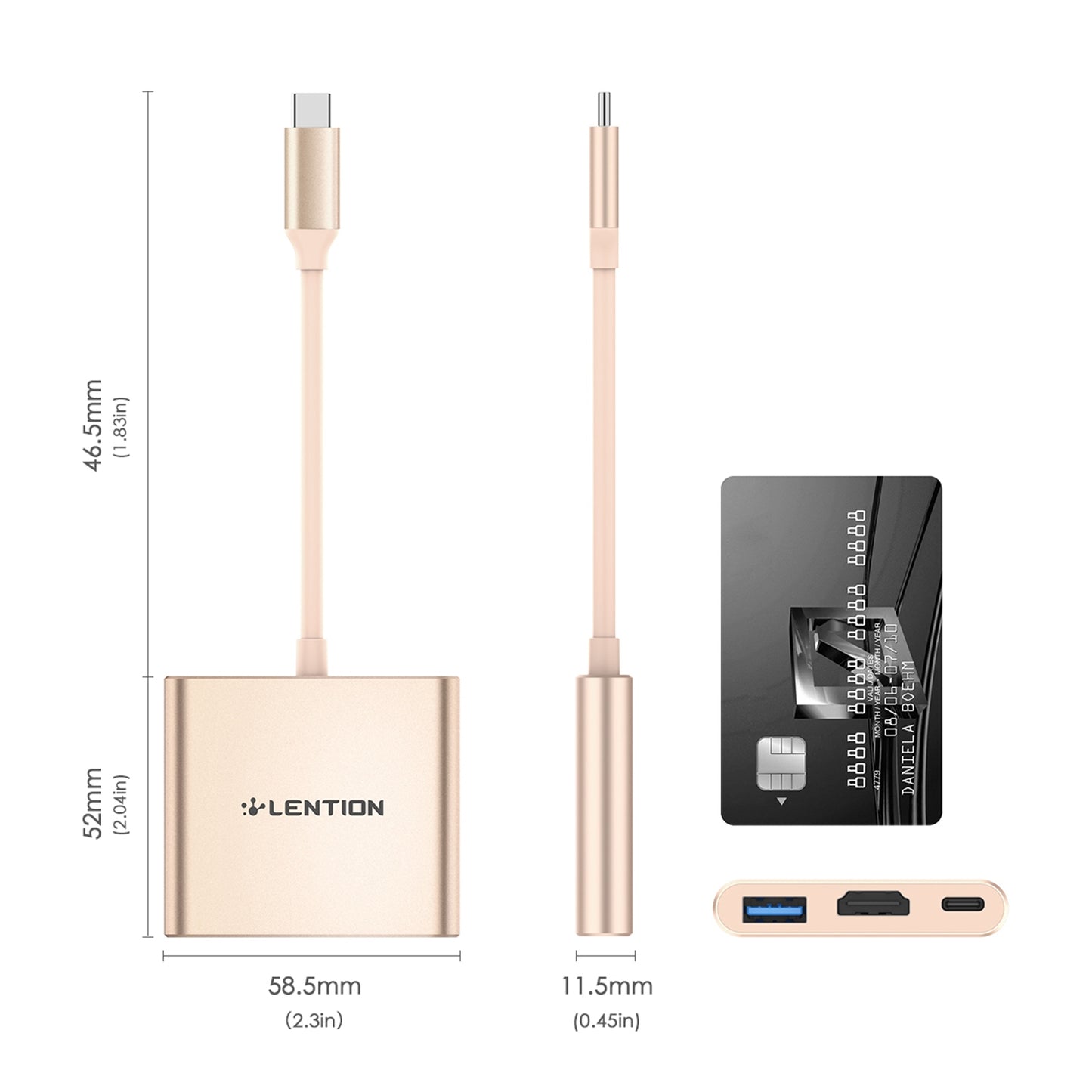 LENTION C14H USB-C to USB-A 3.0 + HD + PD Adapter Aluminum Alloy HD 4K Video Converter - Gold