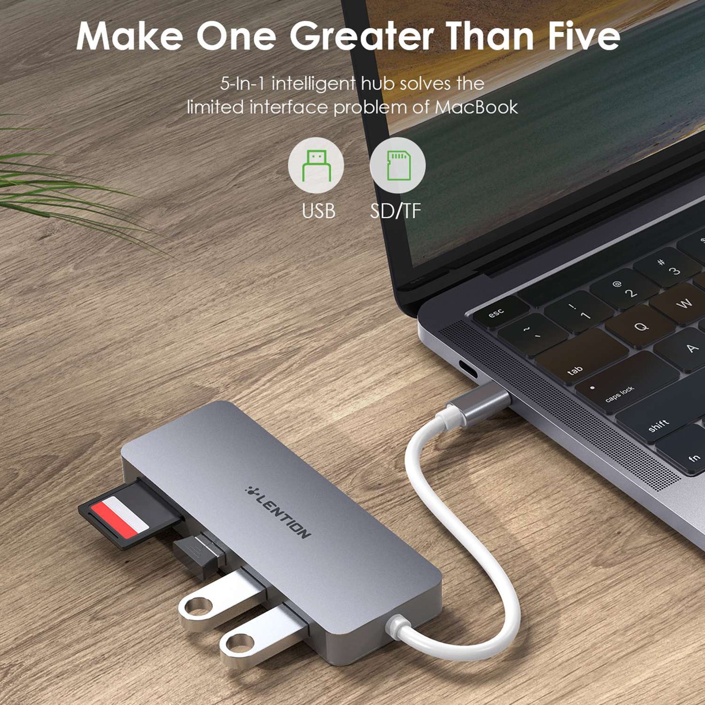 Uniqkart C15 USB-C Hub 3 USB-A 3.0 Ports Adapter SD / TF Card Reader Aluminum Alloy Converter - Grey