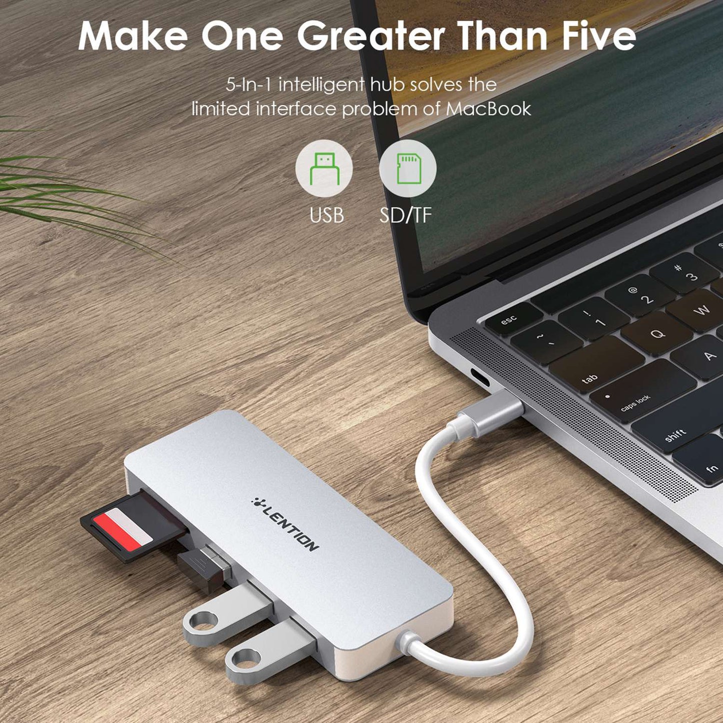 Uniqkart C15 USB-C Hub 3 USB-A 3.0 Ports Adapter SD / TF Card Reader Aluminum Alloy Converter - Silver