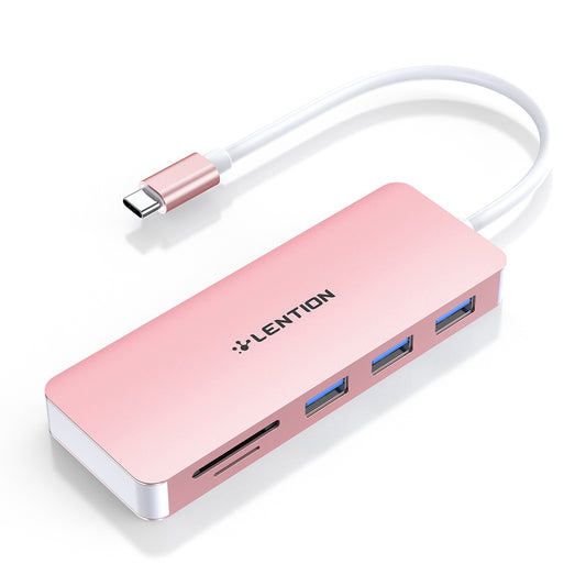 Uniqkart C15 USB-C Hub 3 USB-A 3.0 Ports Adapter SD / TF Card Reader Aluminum Alloy Converter - Rose Gold